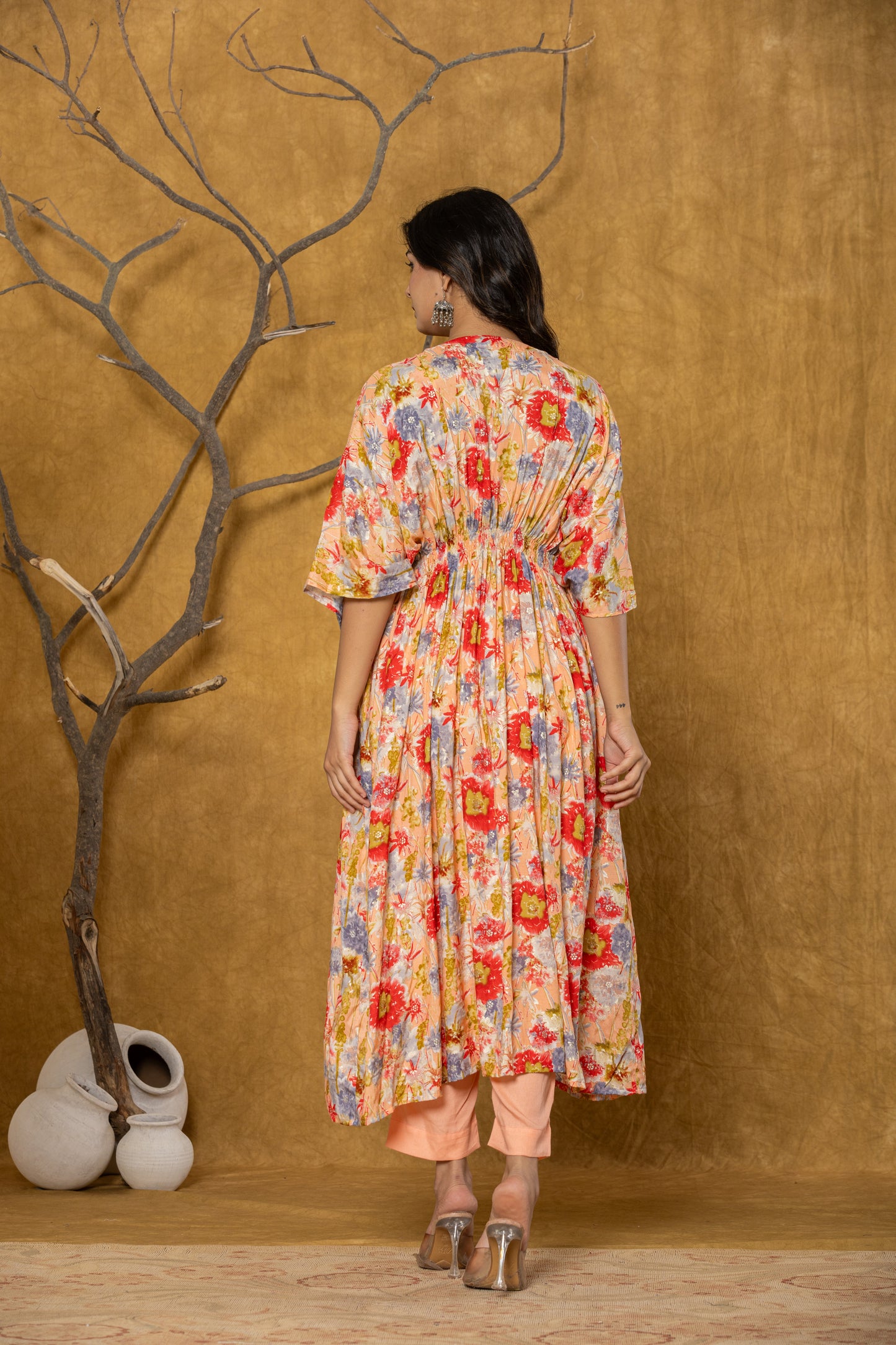 Muslin Smoked Waist Kaftan Pant Set in Floral print Muslin Fabric with handwoven lace