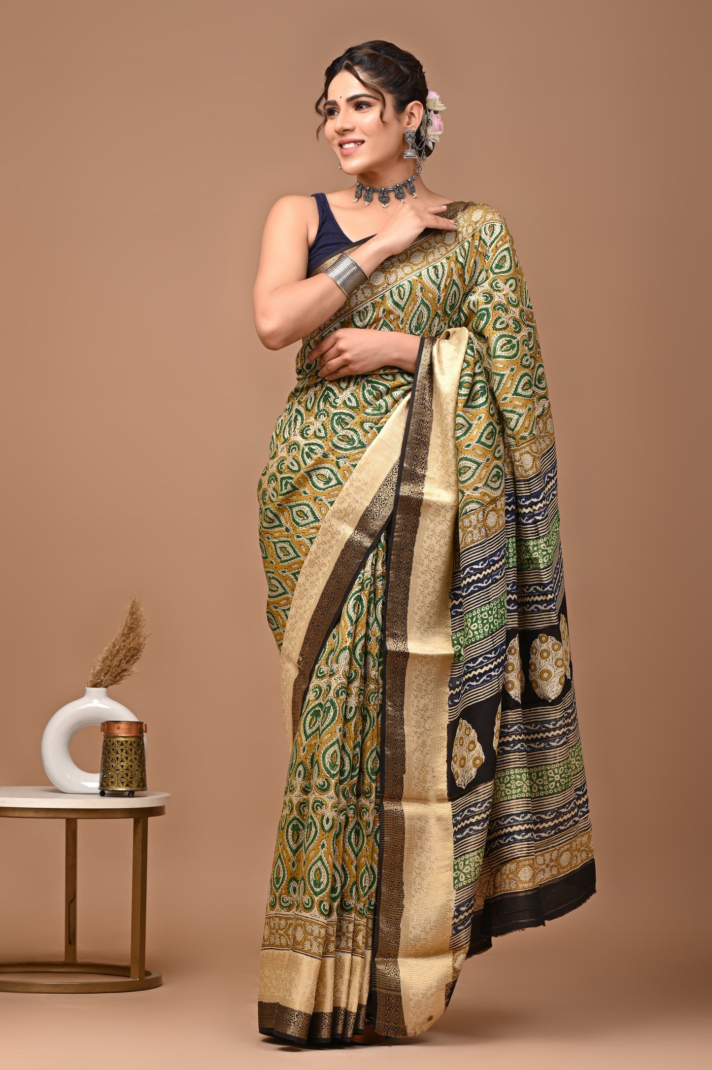 YELLOW GREEN STYLISH CHIK SAREE