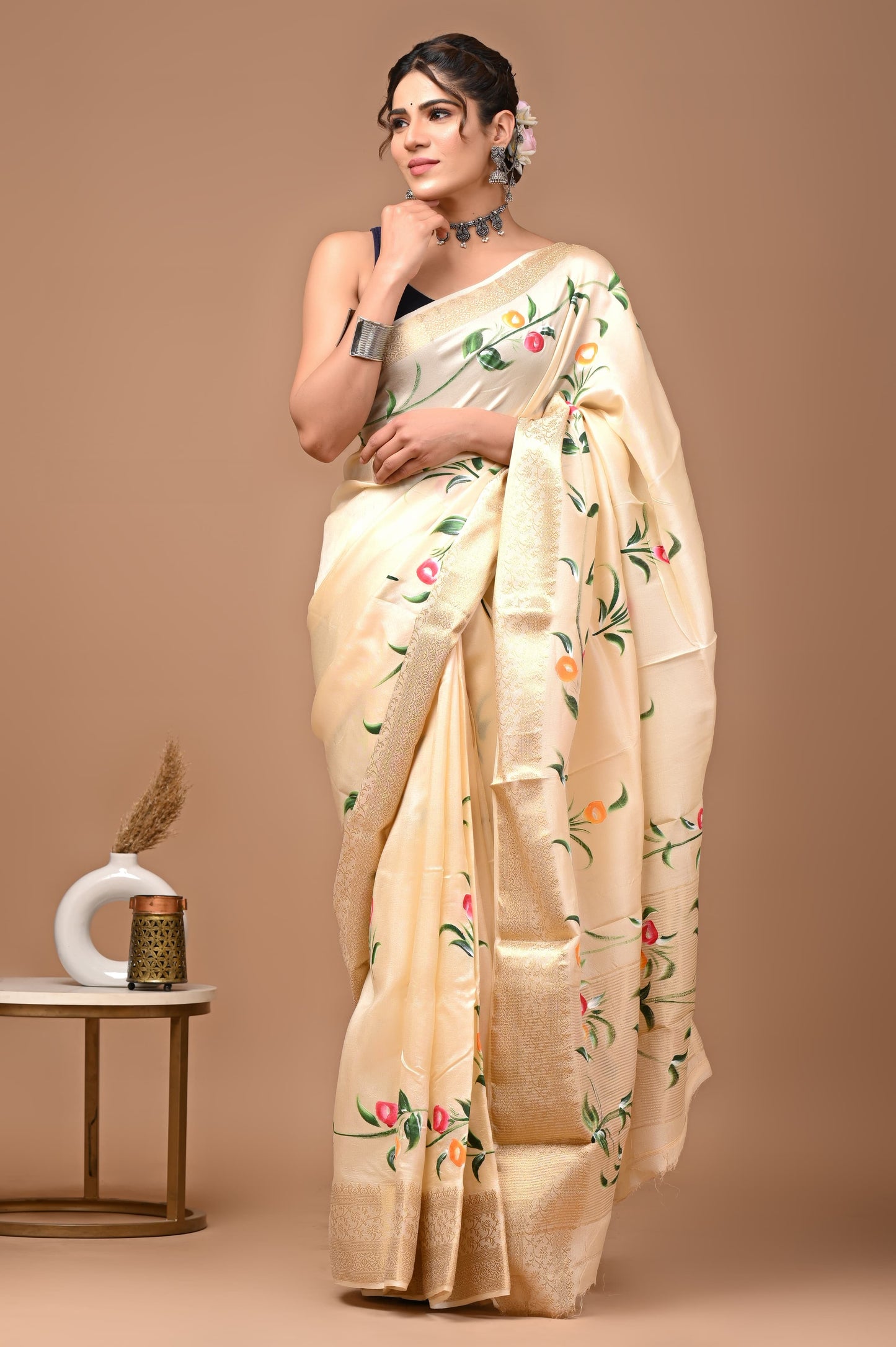 HAND PAINTED CREAMCHEESE COLOUR MODAL DOLLA SILK SAREE