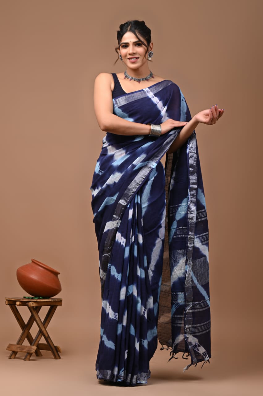 STRIP INDIGO HAND BLOCK PRINTED SAREE