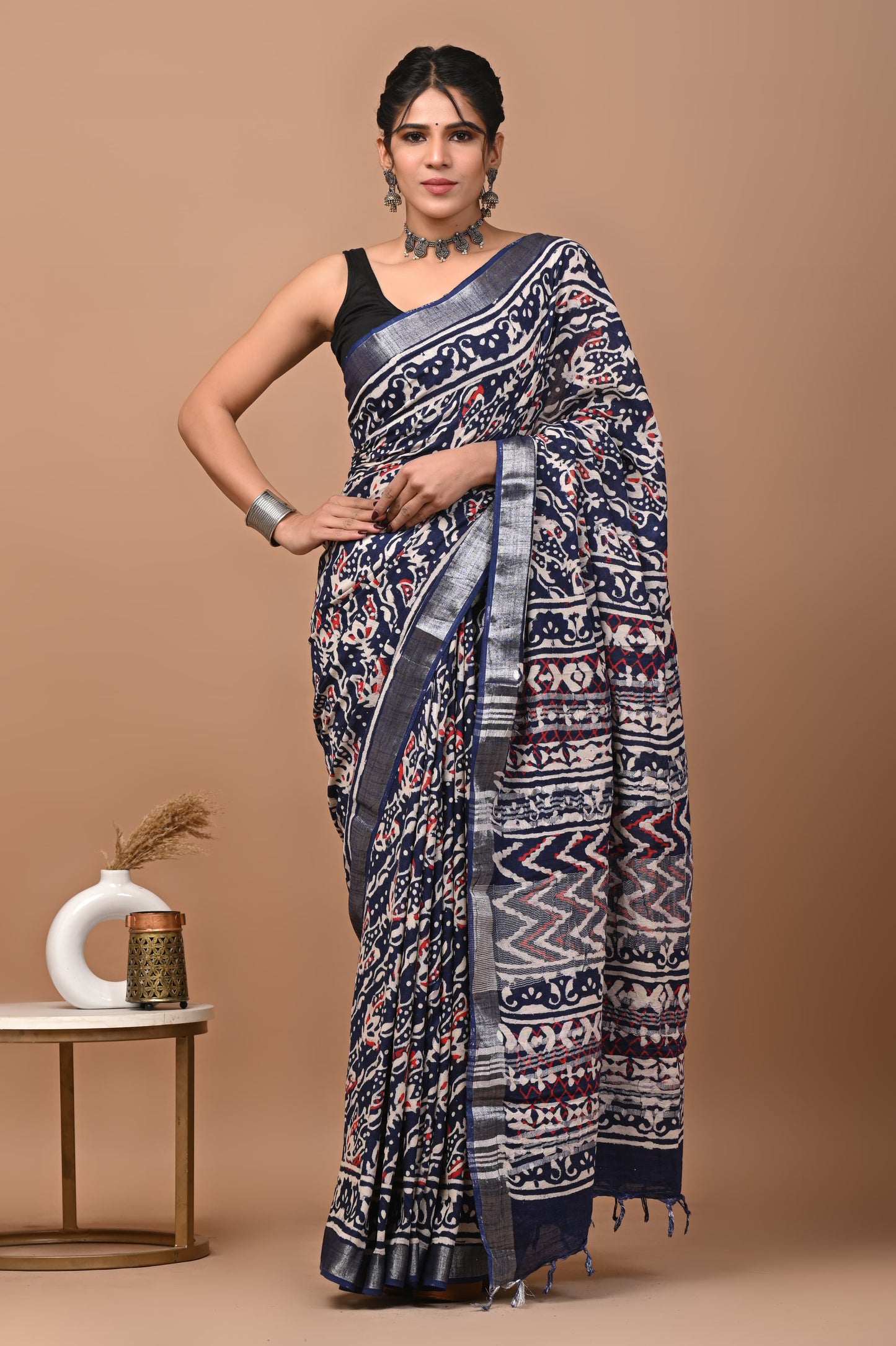 DEEP SEA BLUE WITH RED TOUCH STRIP SAREE