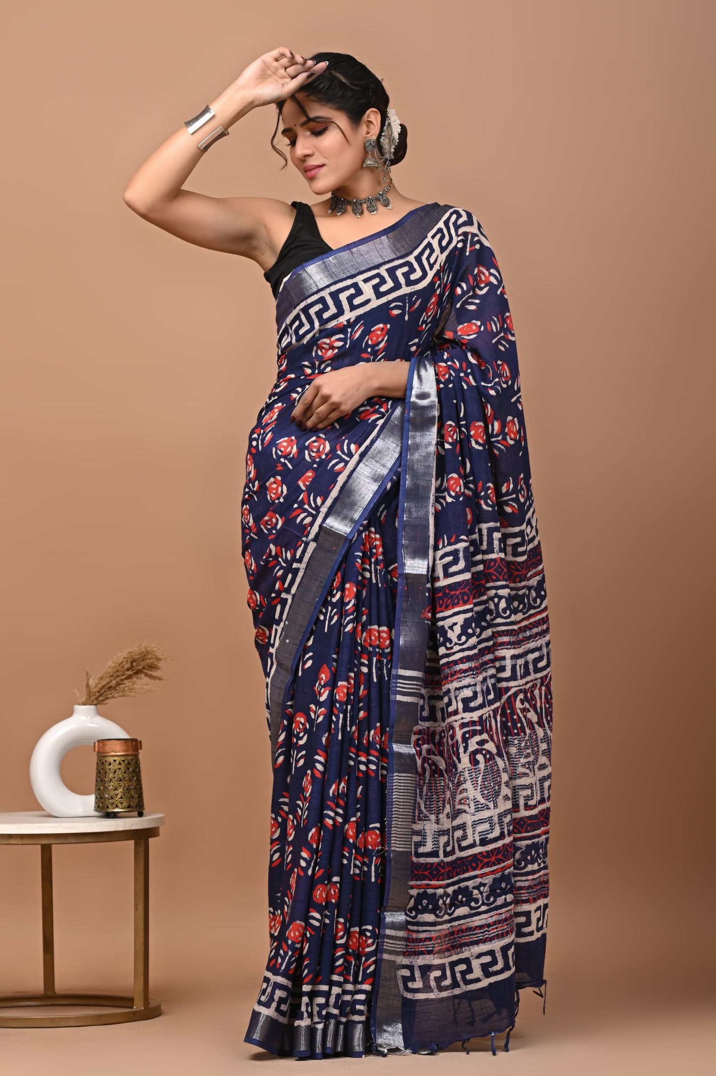 NORA NAVY BLUE FLOWER BUTI PRINT SAREE