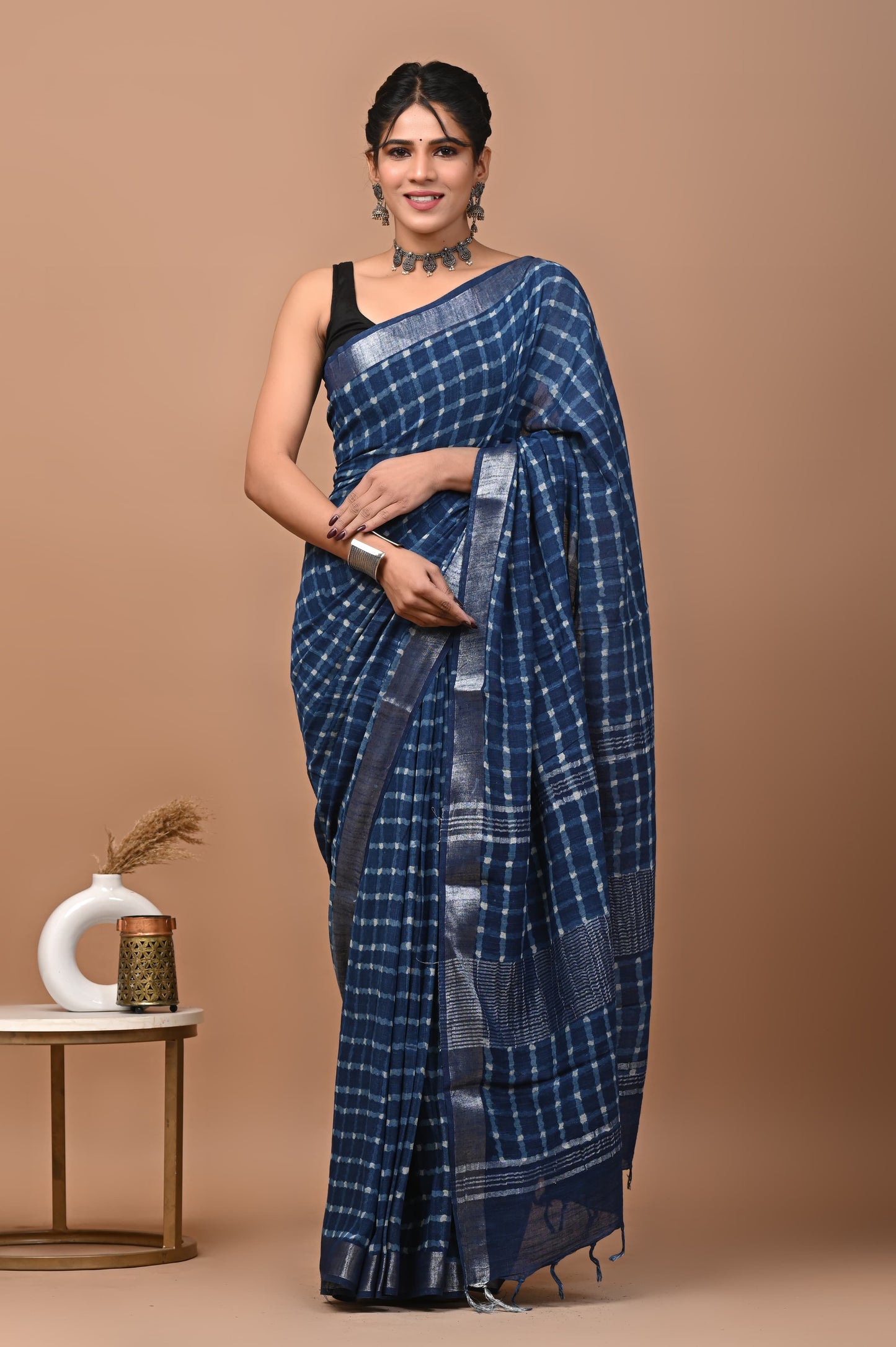 NIGHT BLUE CHECKS PRINT SAREE