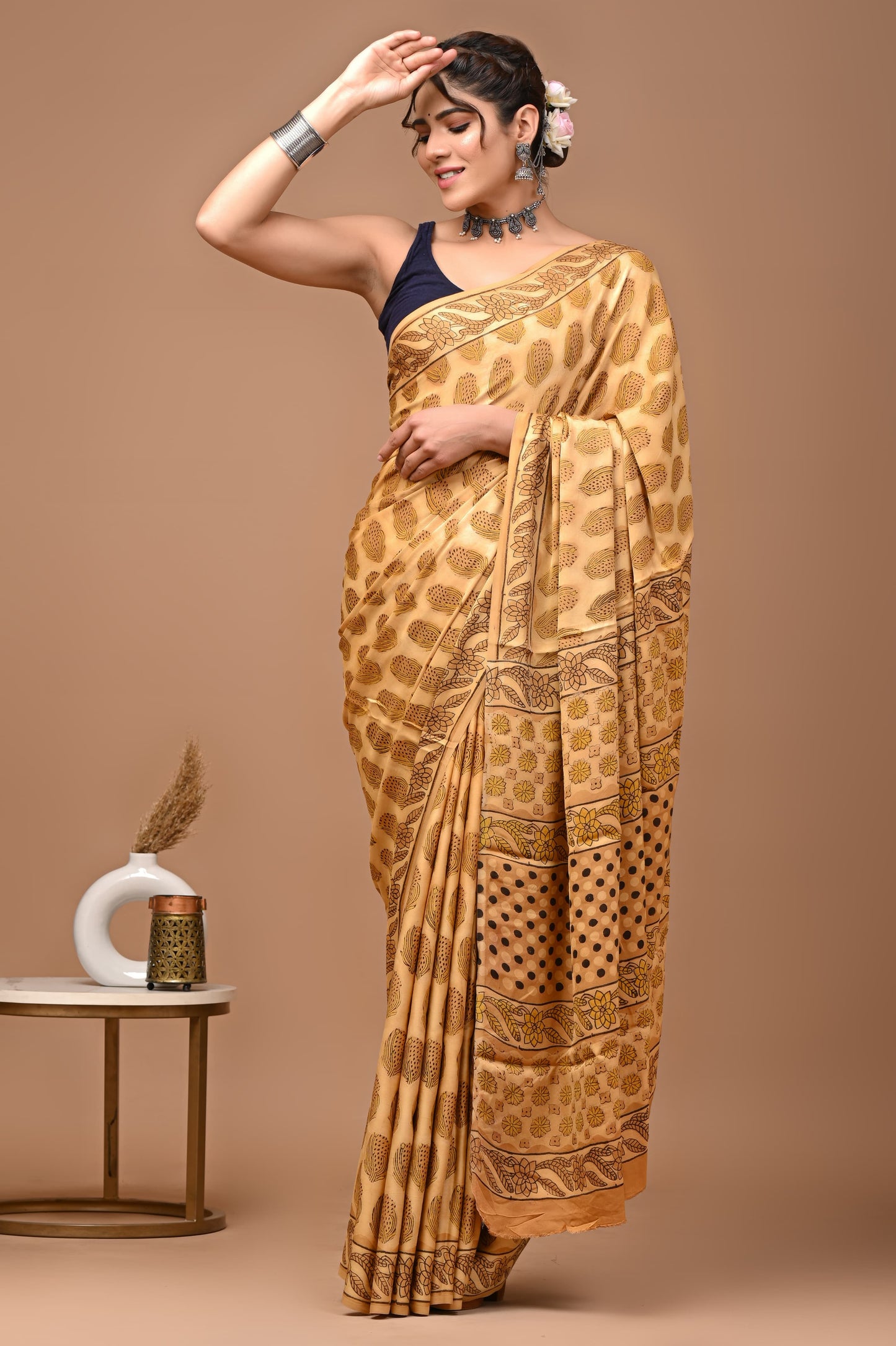 YELLOW CREAM TAN SAREE