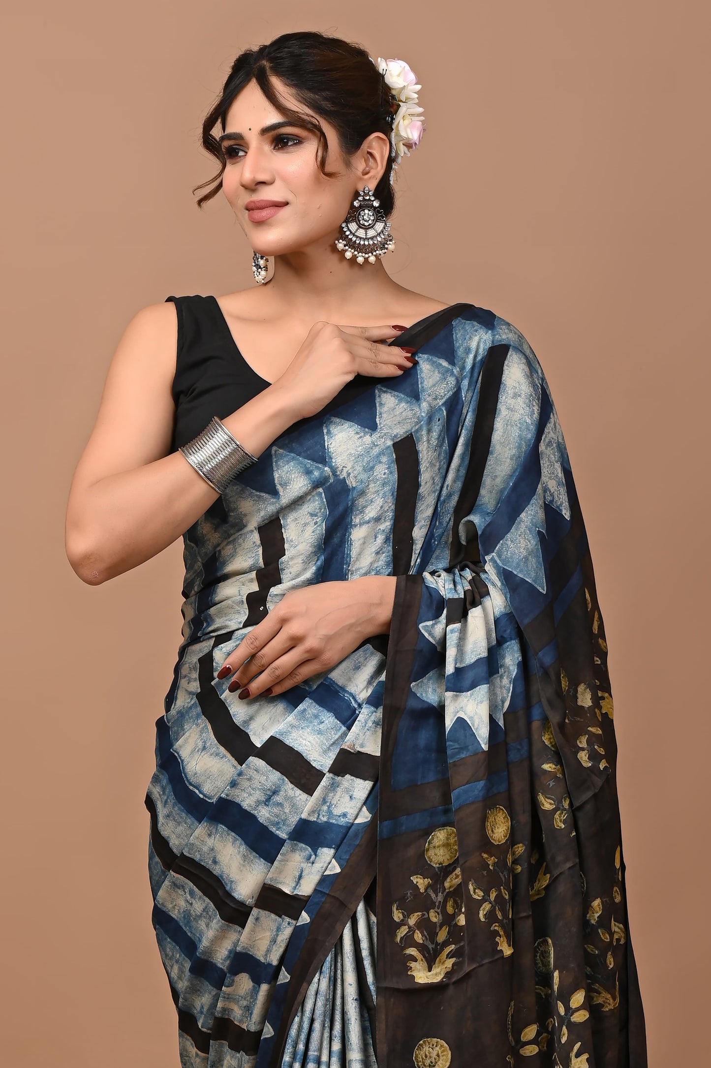 ELECTRIC BLUE BLACK STRIP AND BUTA SAREE