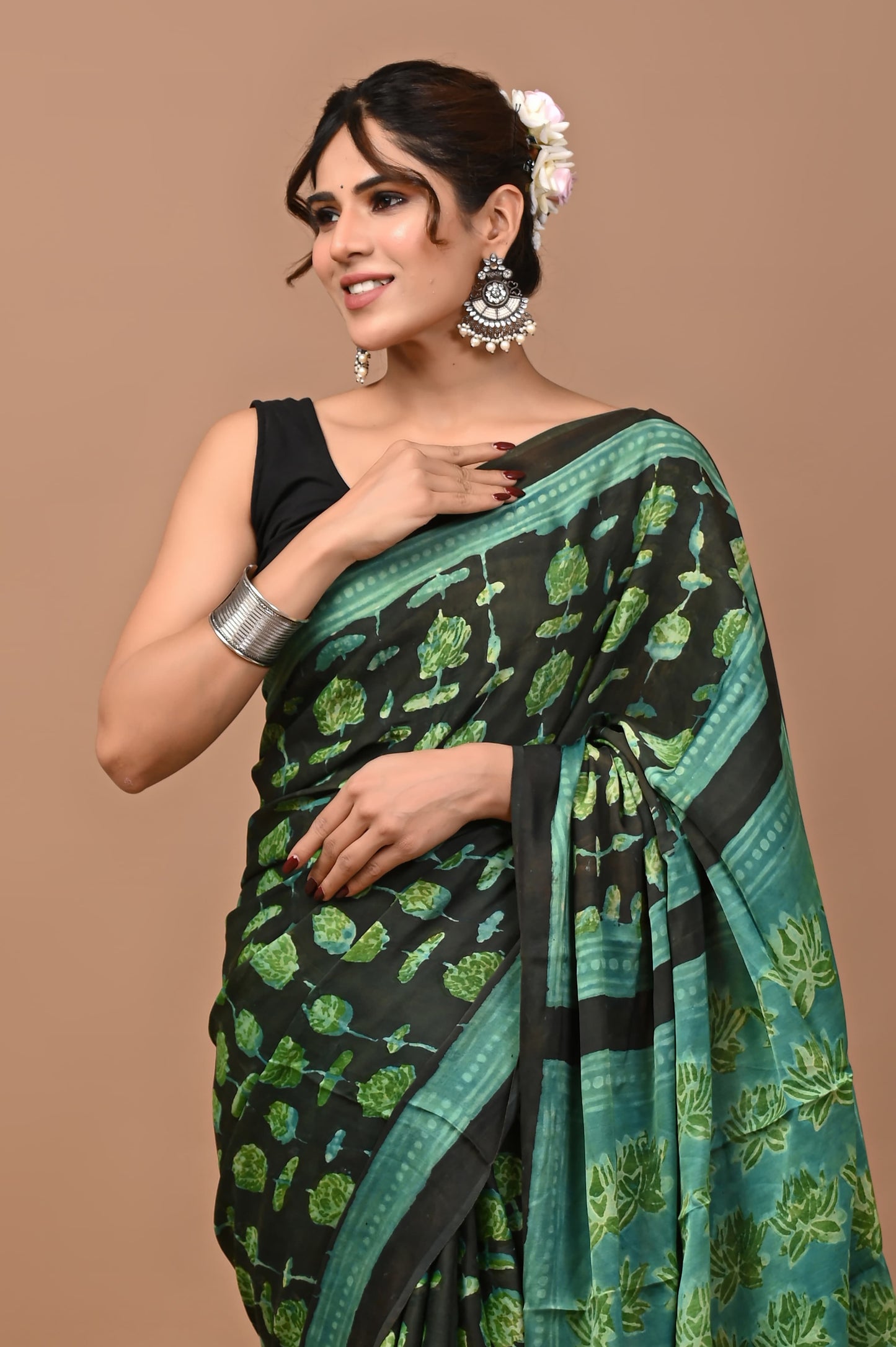 DEEP CARVENS WITH SHEEN GREEN BUTA SAREE