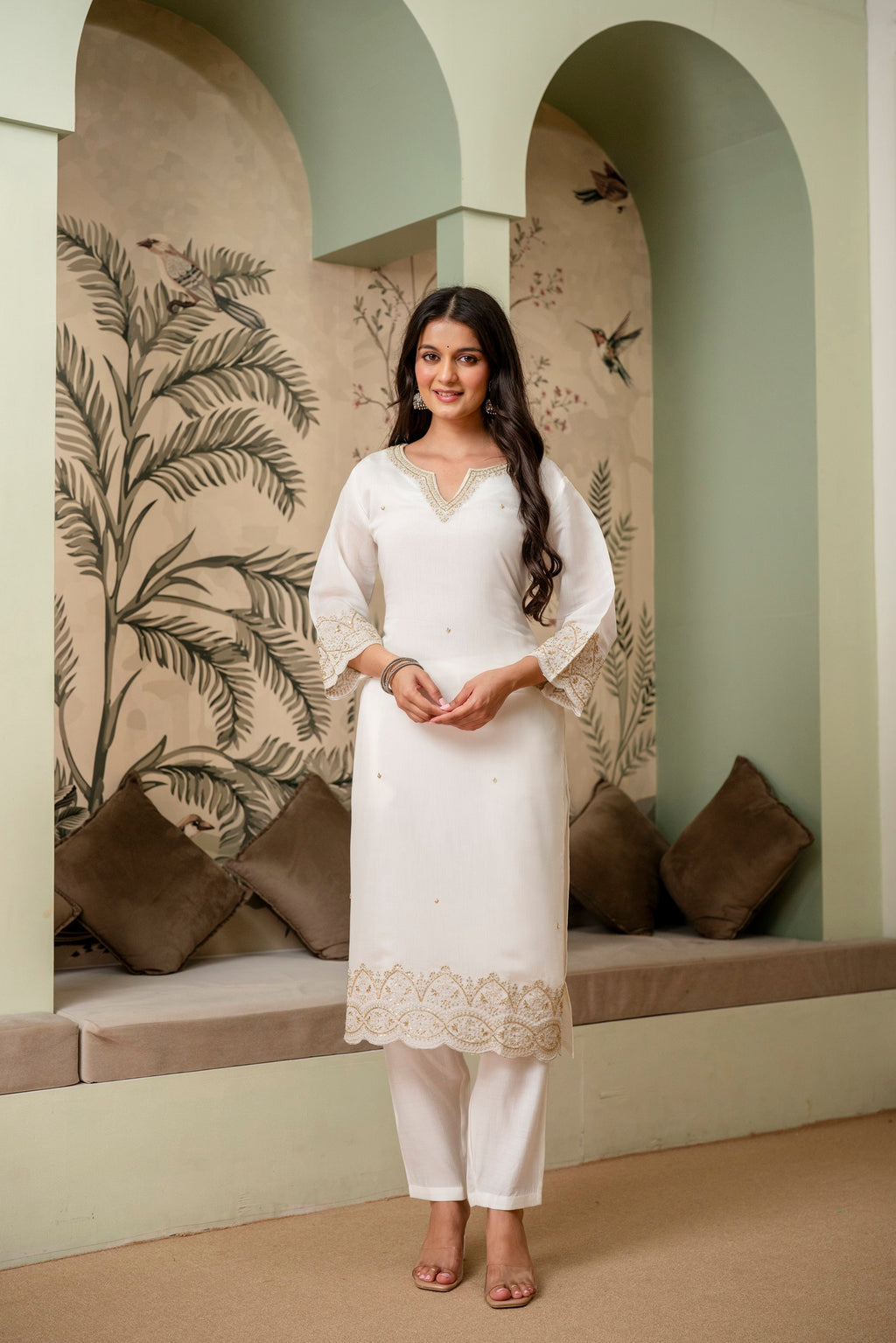 Pearl White Premium Mul Chanderi Kurta Pant Set