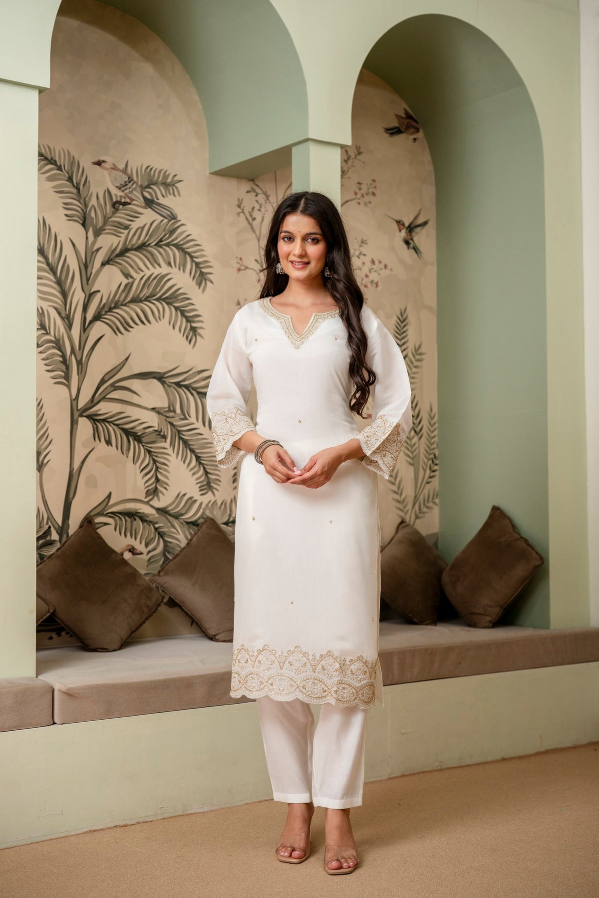 Pearl White Premium Mul Chanderi Kurta Pant Set