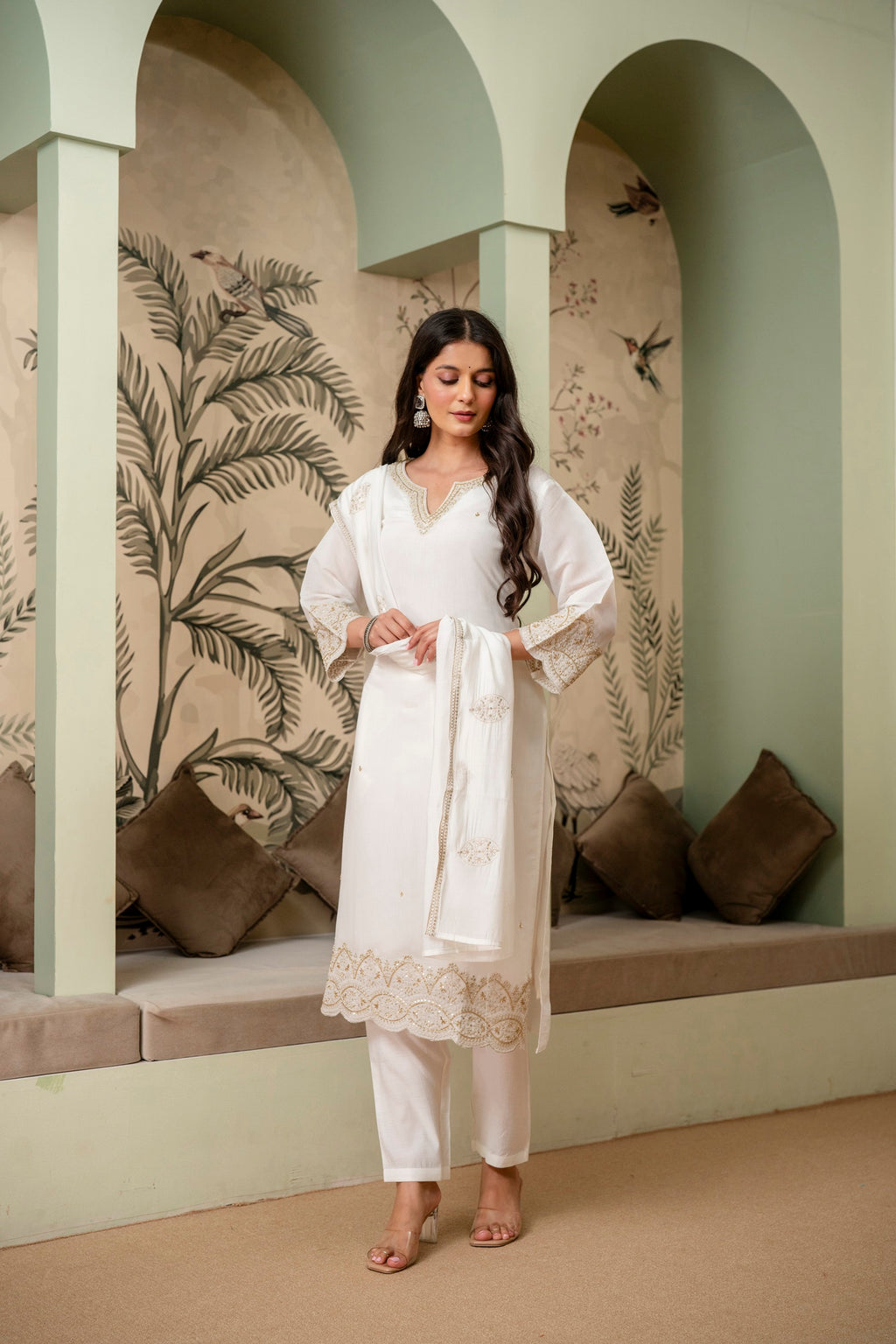 Pearl White Premium Mul Chanderi Kurta Pant Set