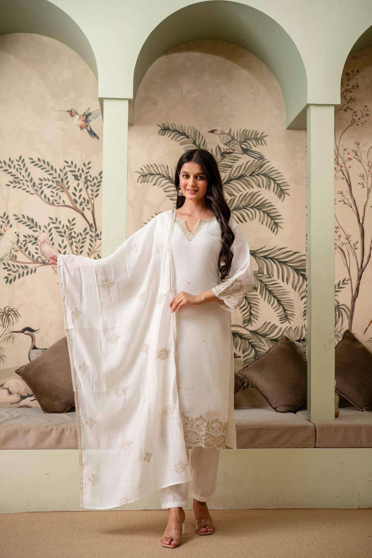 Pearl White Premium Mul Chanderi Kurta Pant Set