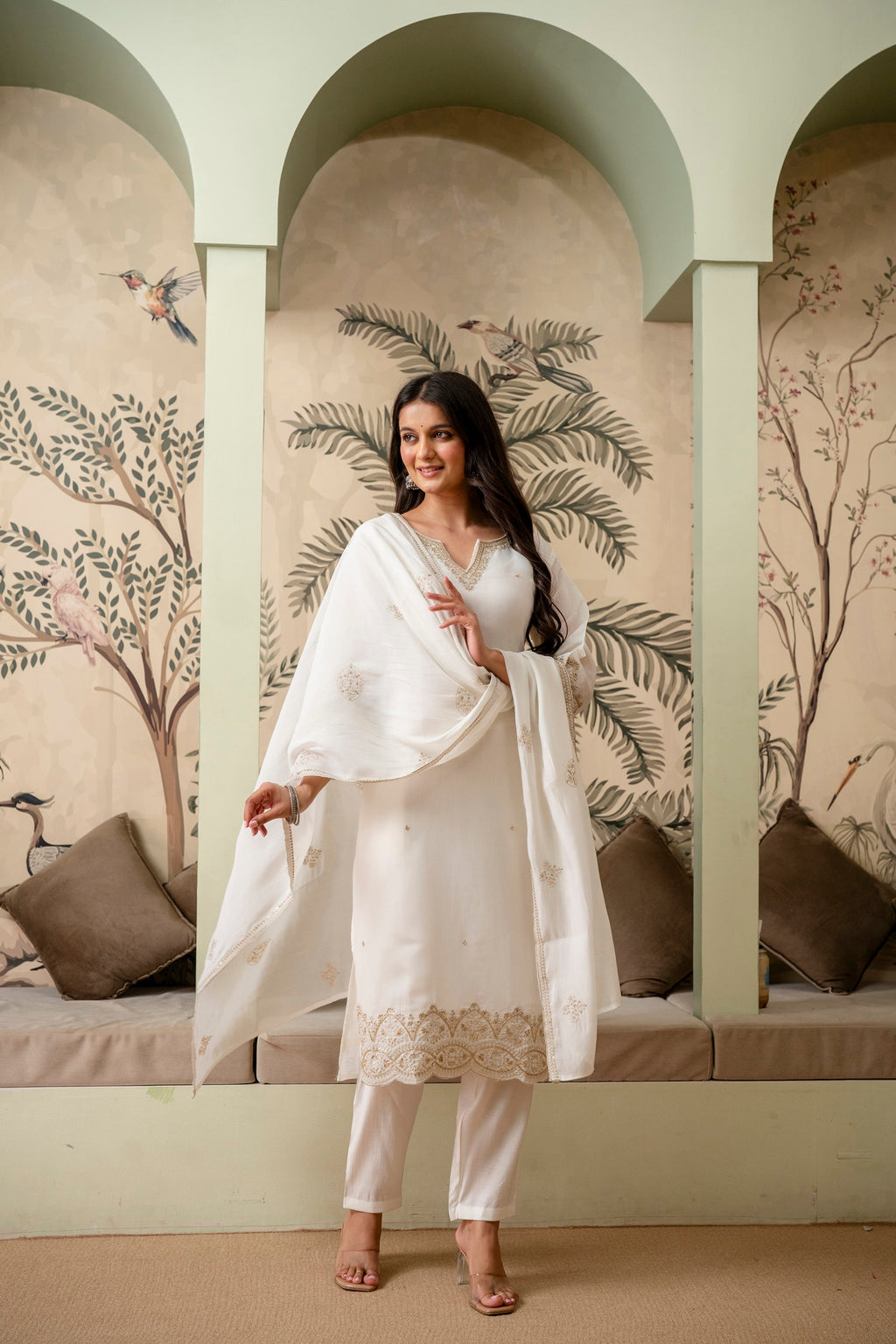 Pearl White Premium Mul Chanderi Kurta Pant Set
