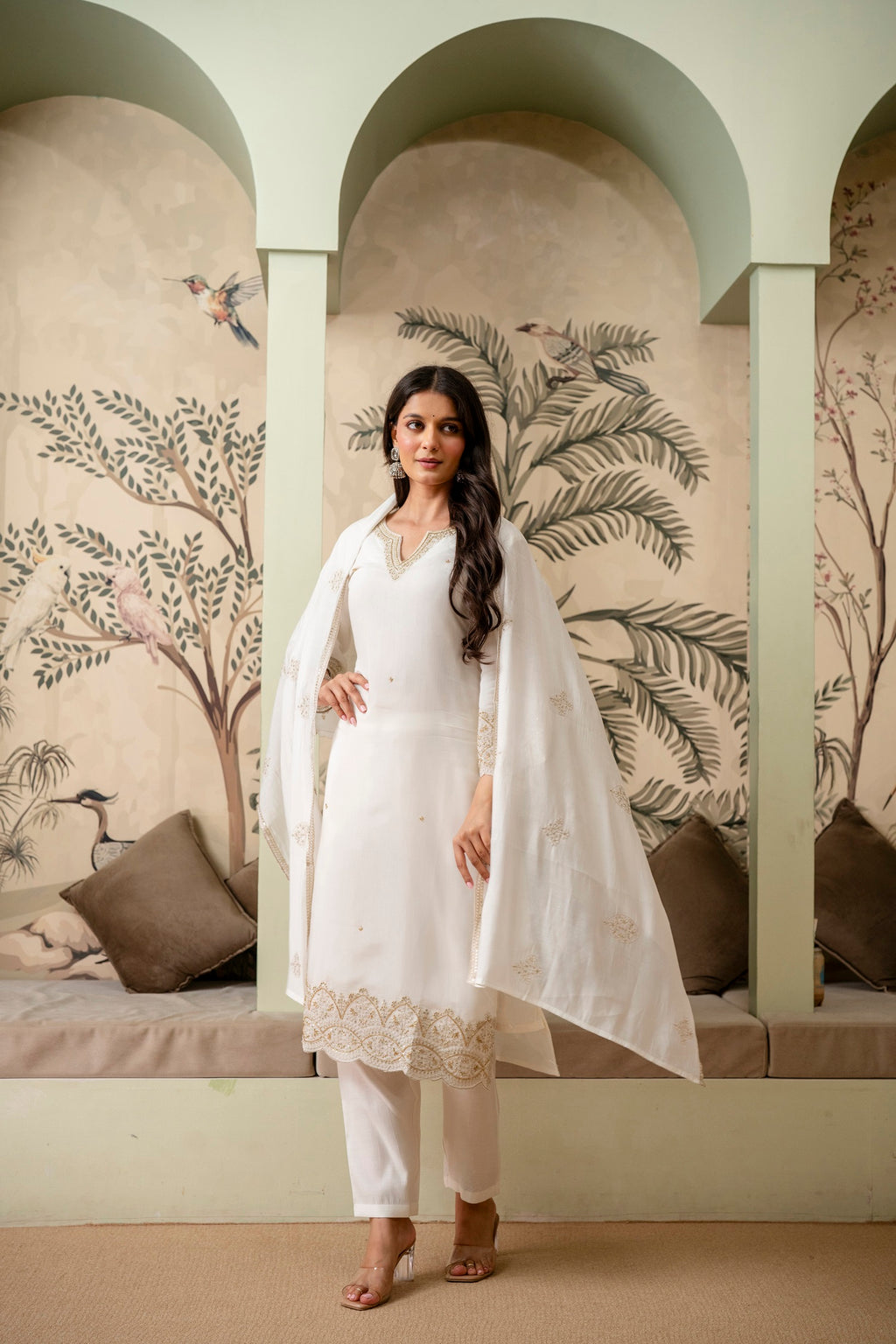 Pearl White Premium Mul Chanderi Kurta Pant Set