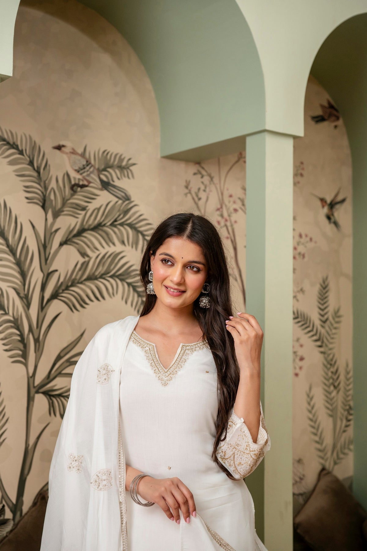 Pearl White Premium Mul Chanderi Kurta Pant Set