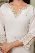 Pearl White Premium Mul Chanderi Kurta Pant Set