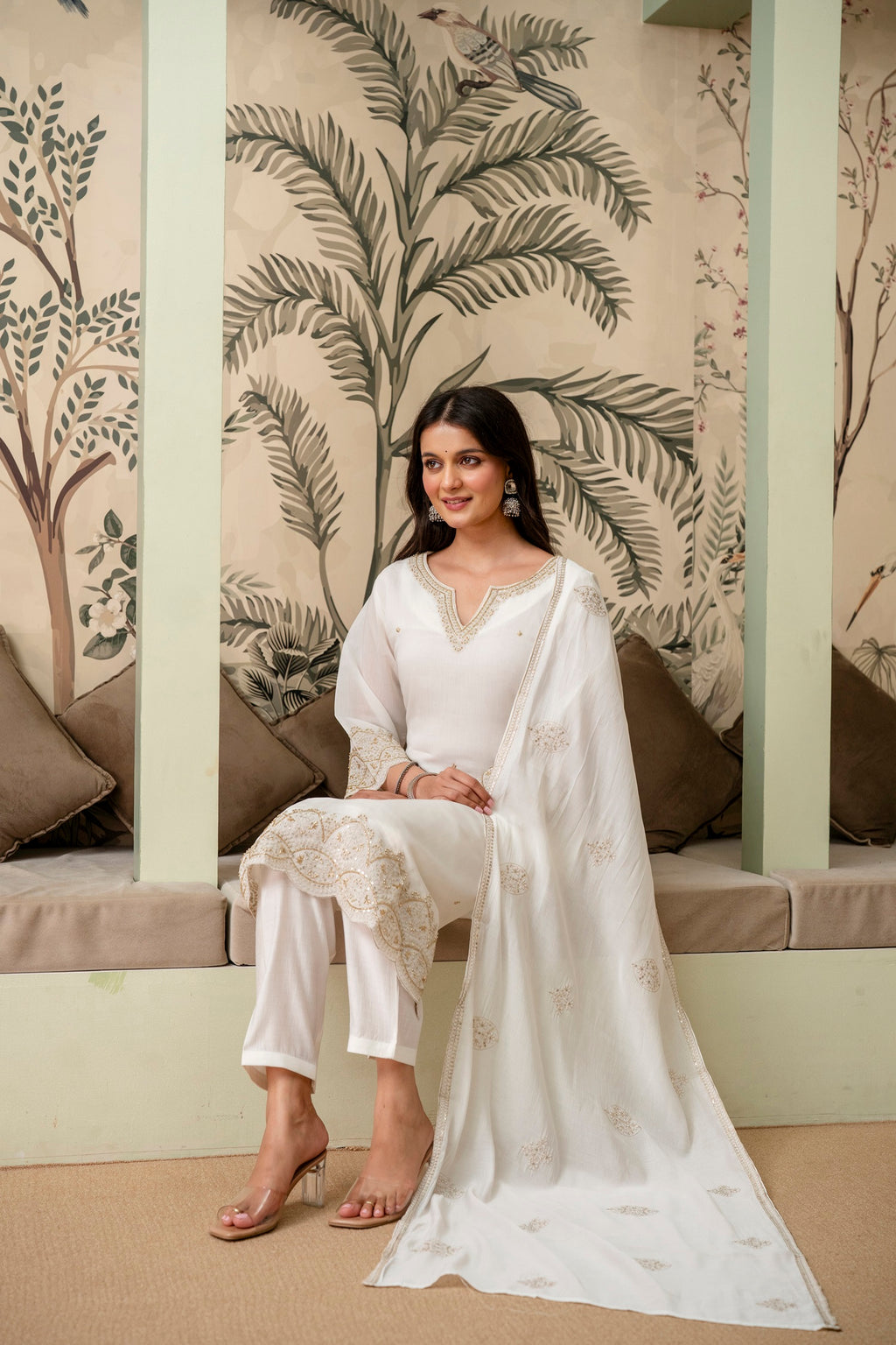 Pearl White Premium Mul Chanderi Kurta Pant Set