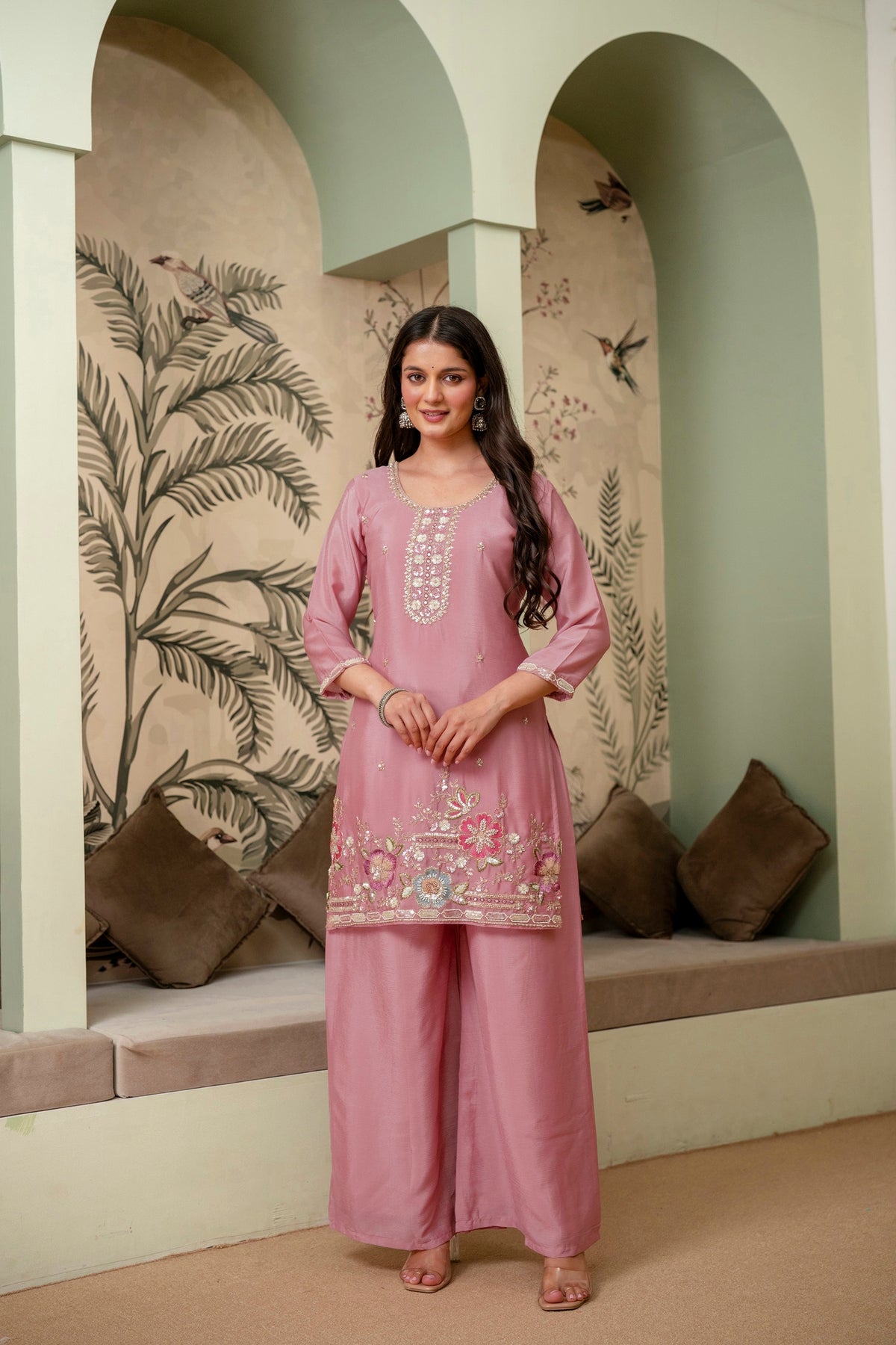 Lavender Premium Chinon Kurta Sharara Set