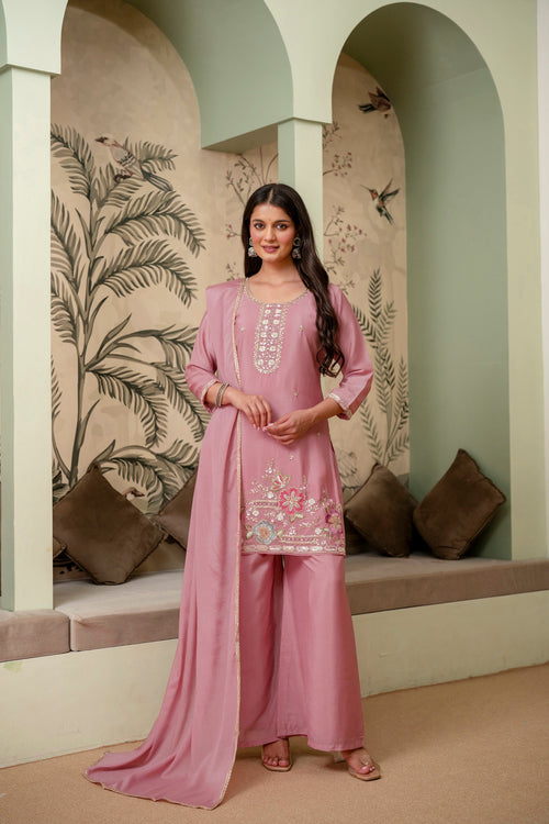 Lavender Premium Chinon Kurta Sharara Set
