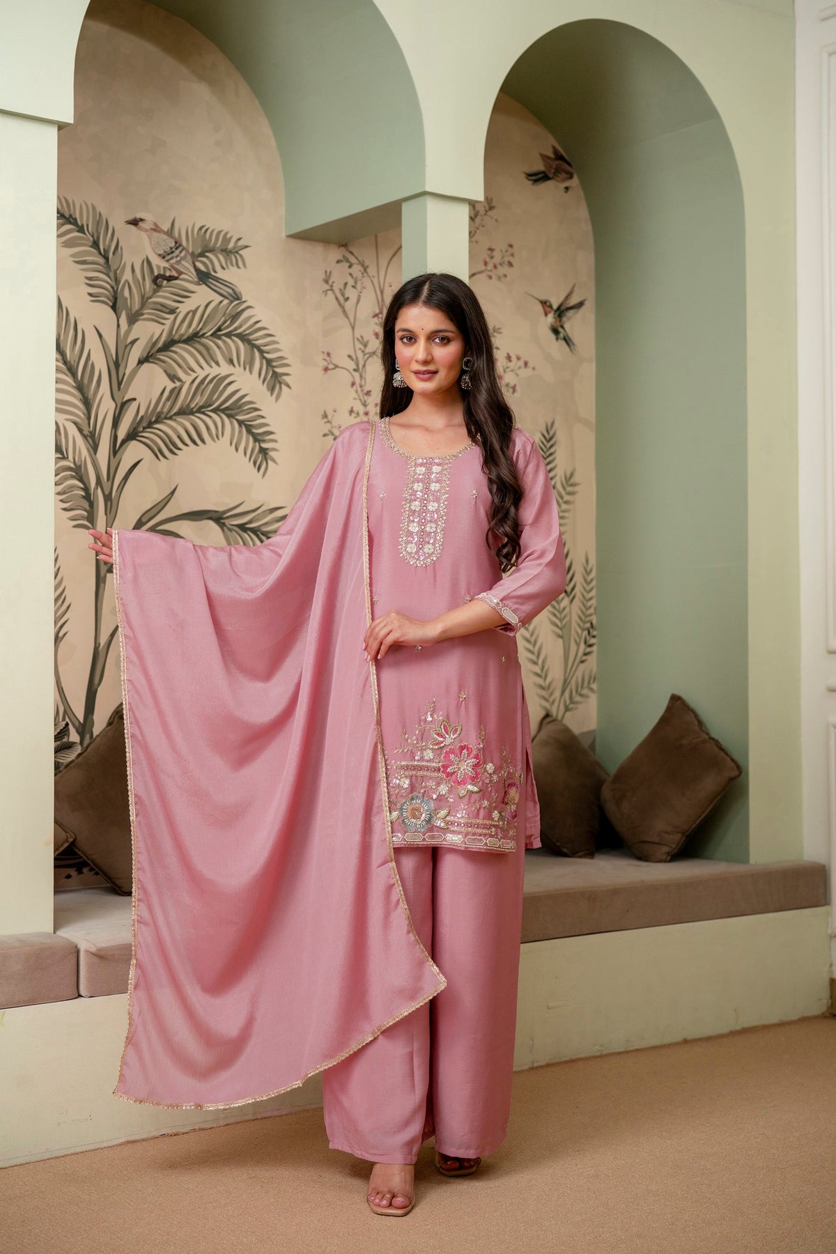 Lavender Premium Chinon Kurta Sharara Set