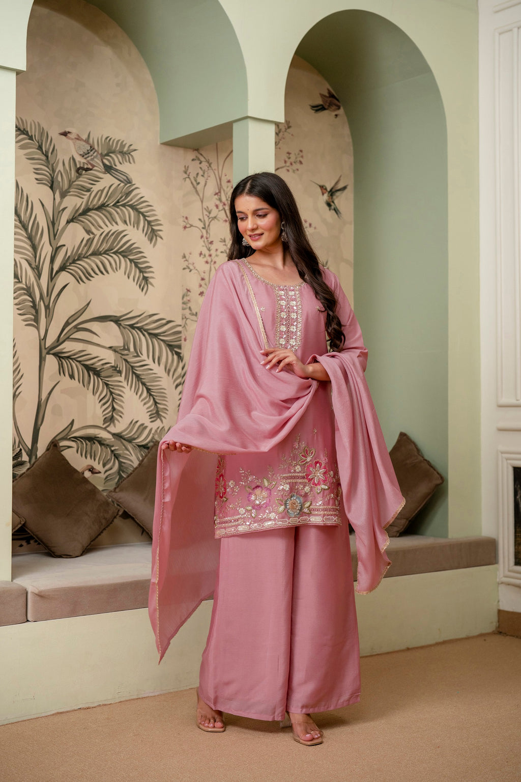 Lavender Premium Chinon Kurta Sharara Set