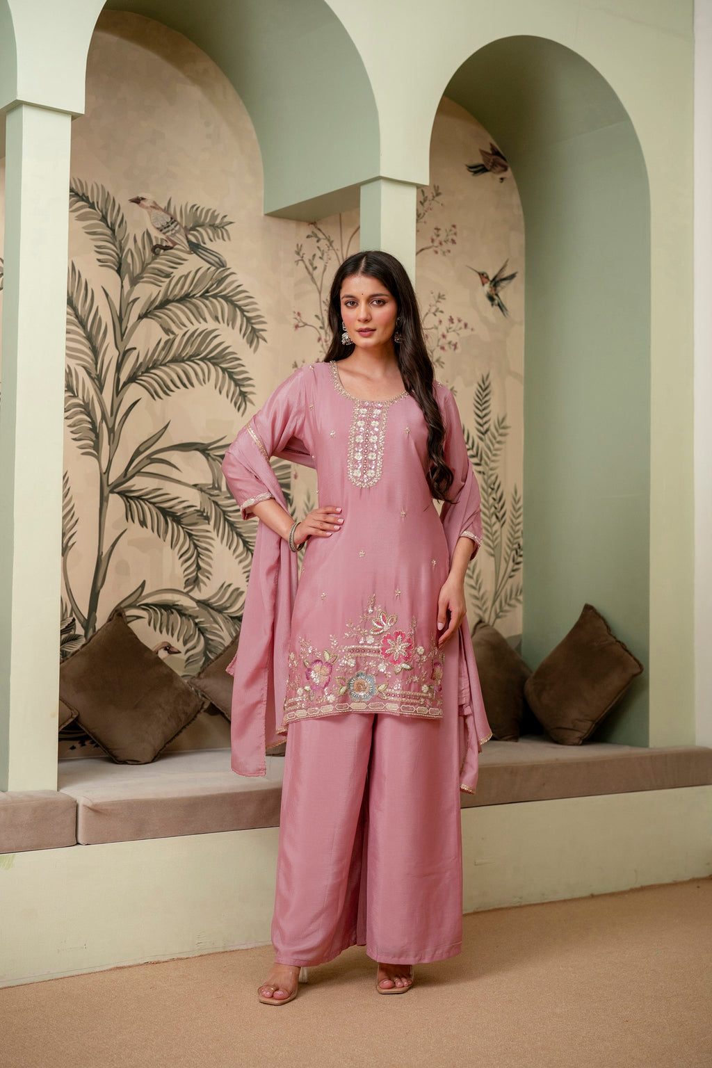 Lavender Premium Chinon Kurta Sharara Set