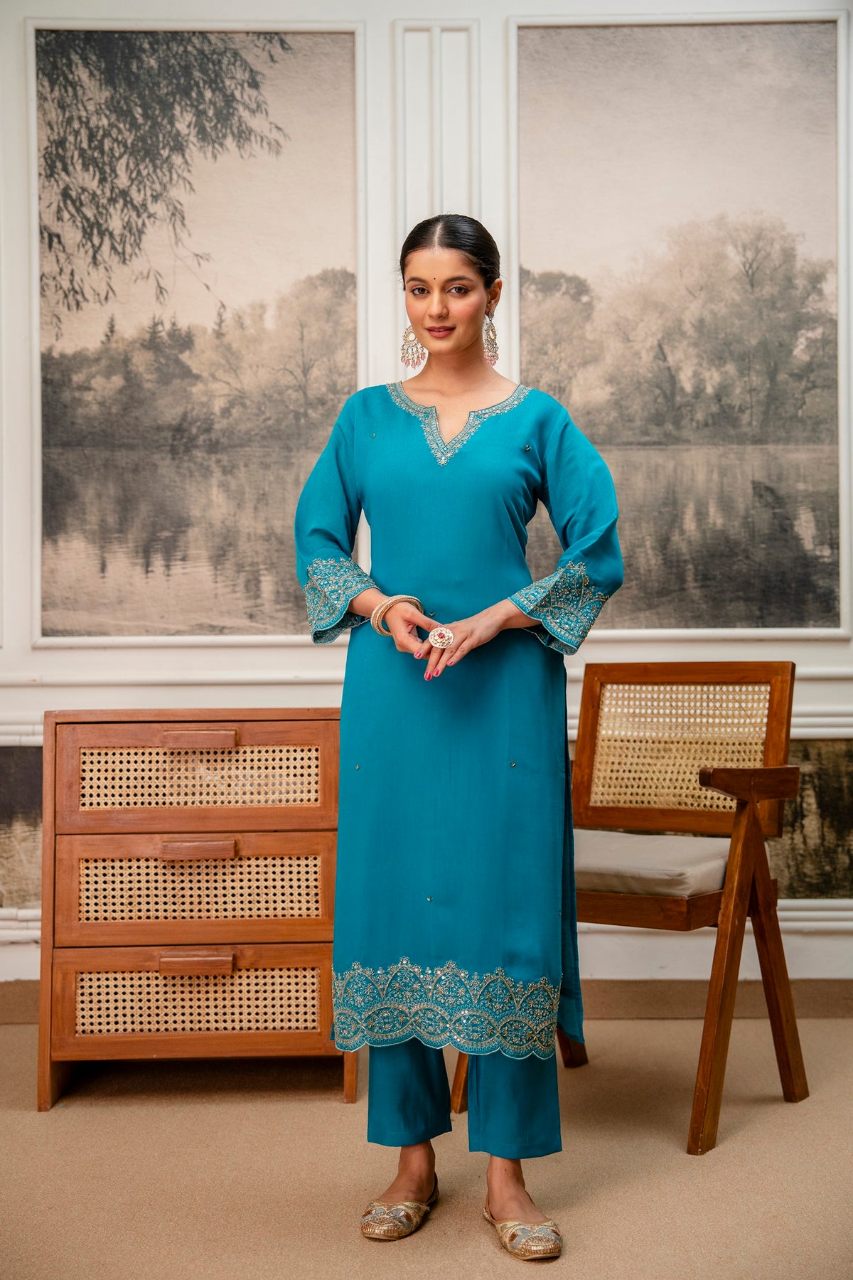 Rama Green Premium Mul Chanderi Kurta Pant Set