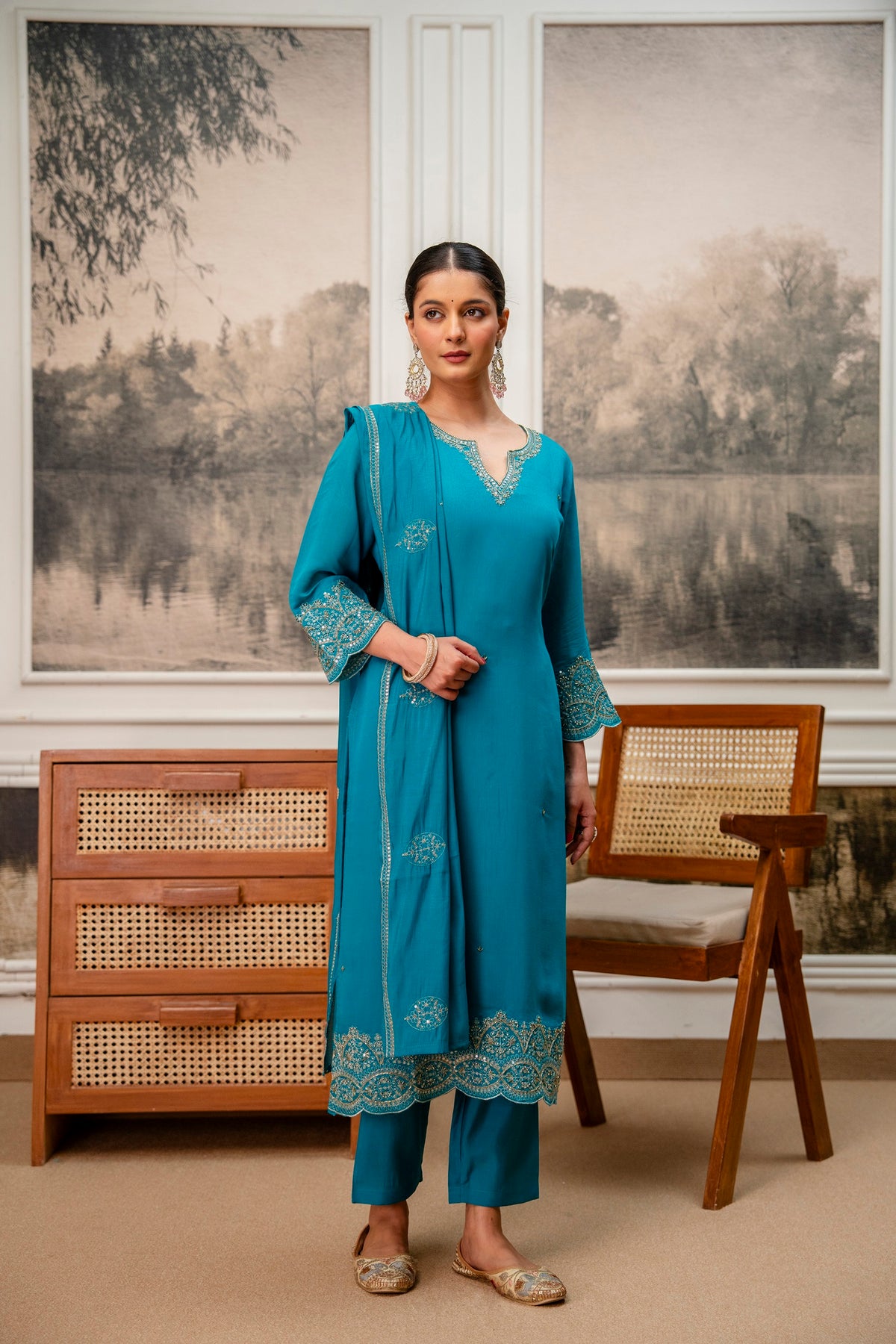 Rama Green Premium Mul Chanderi Kurta Pant Set