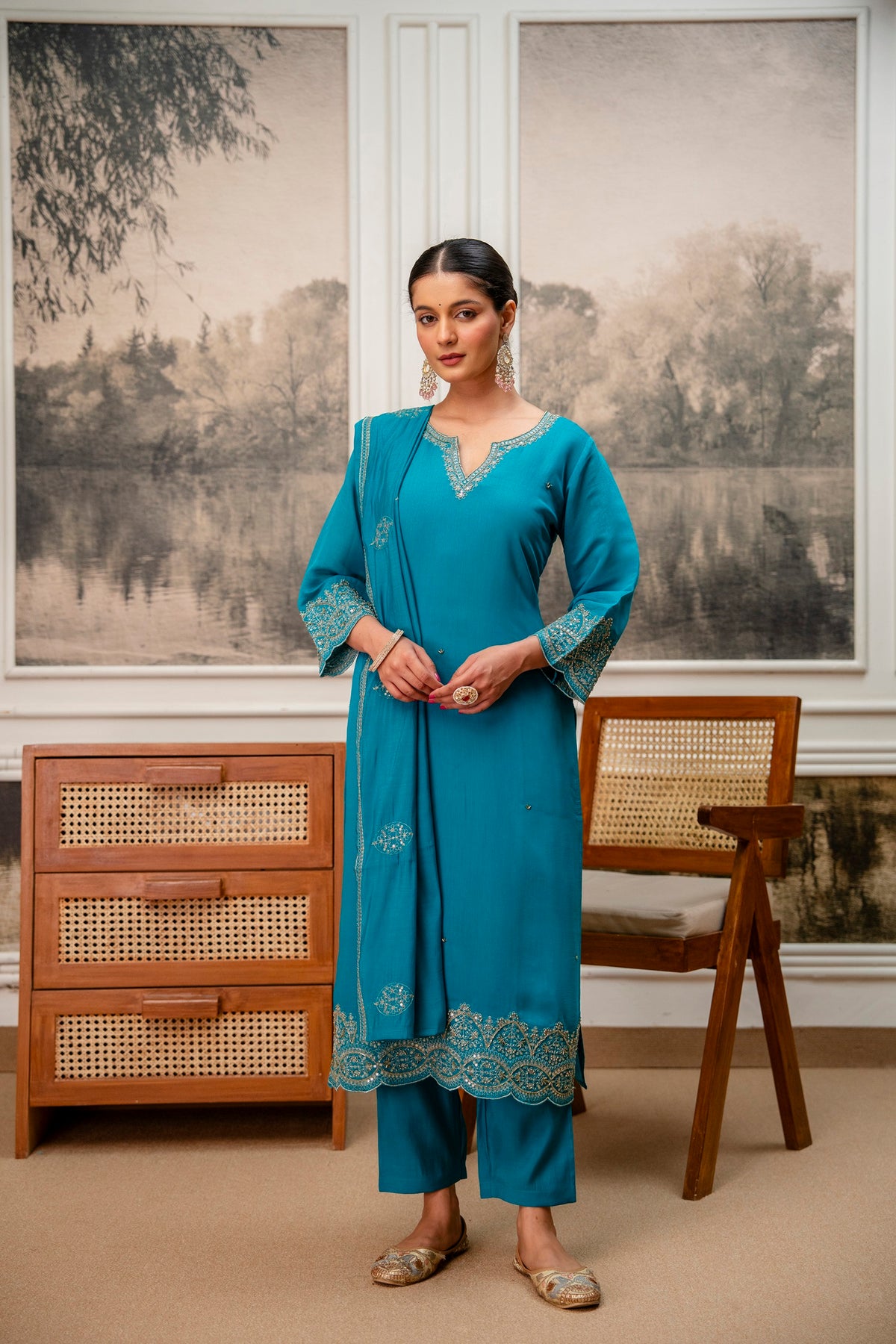 Rama Green Premium Mul Chanderi Kurta Pant Set