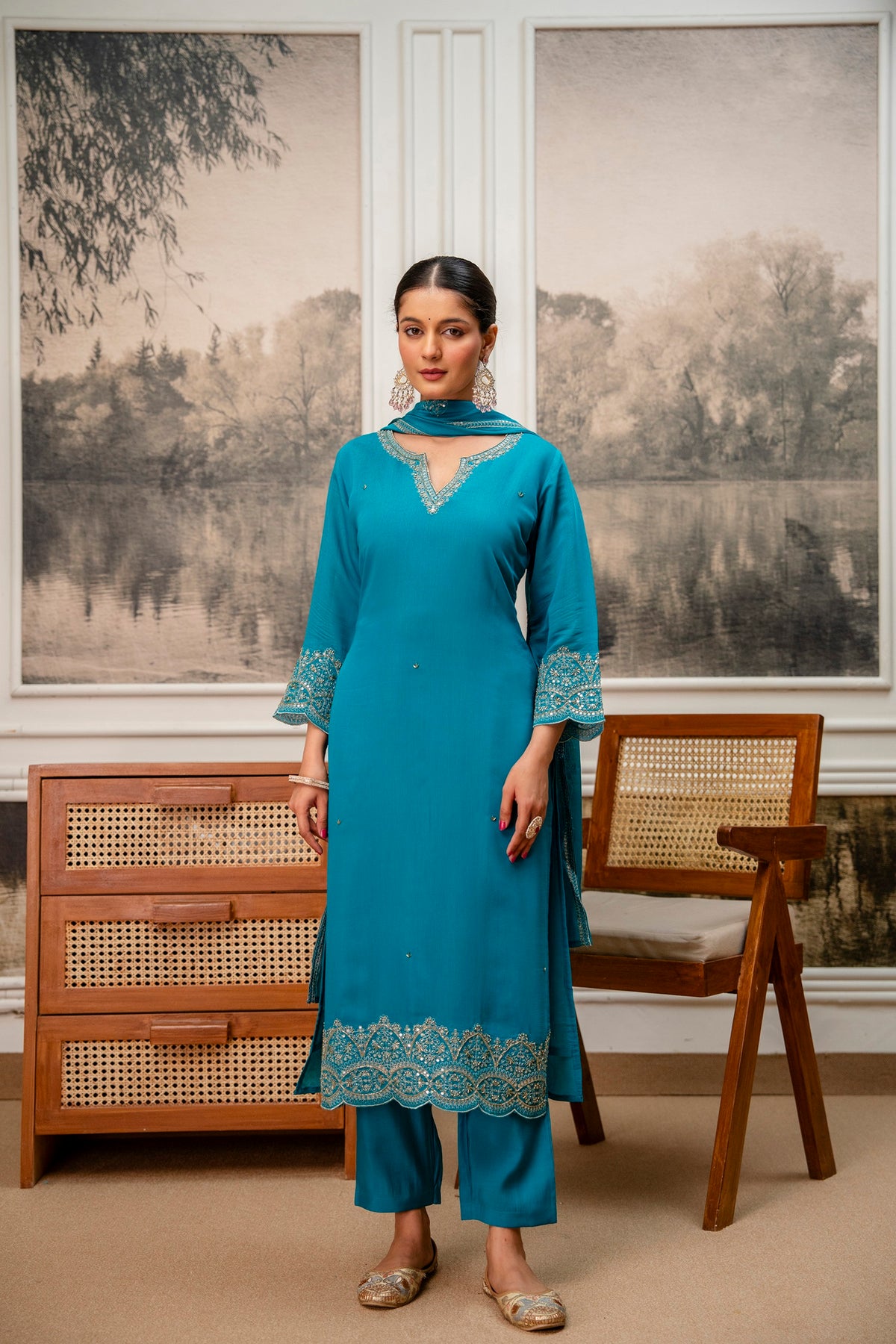 Rama Green Premium Mul Chanderi Kurta Pant Set