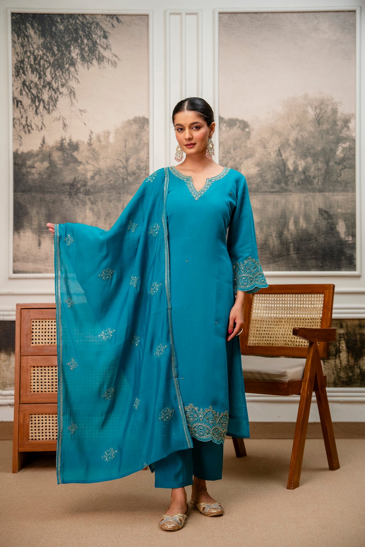Rama Green Premium Mul Chanderi Kurta Pant Set