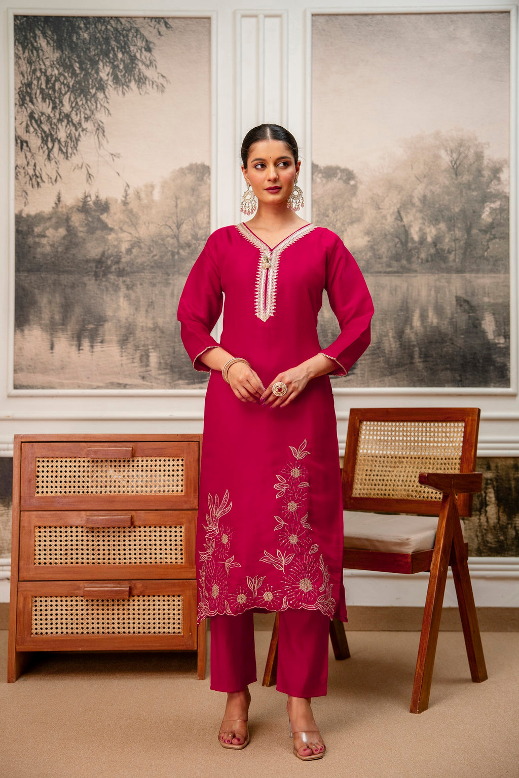 Rani Premium Tissue Simmar Kurta Pant Set