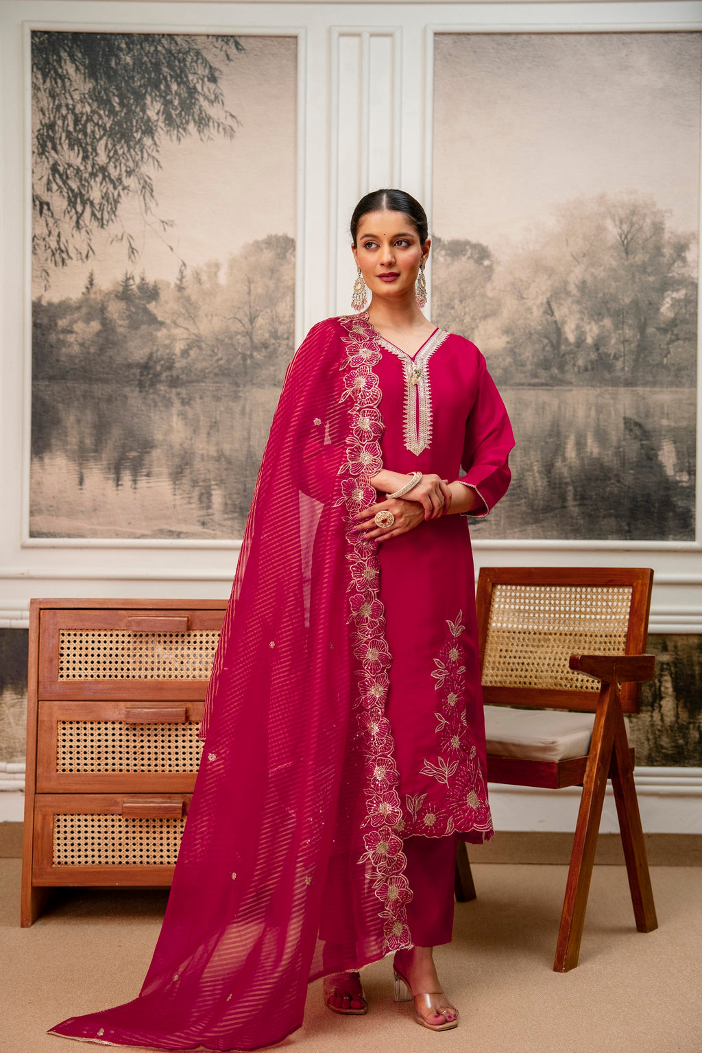 Rani Premium Tissue Simmar Kurta Pant Set