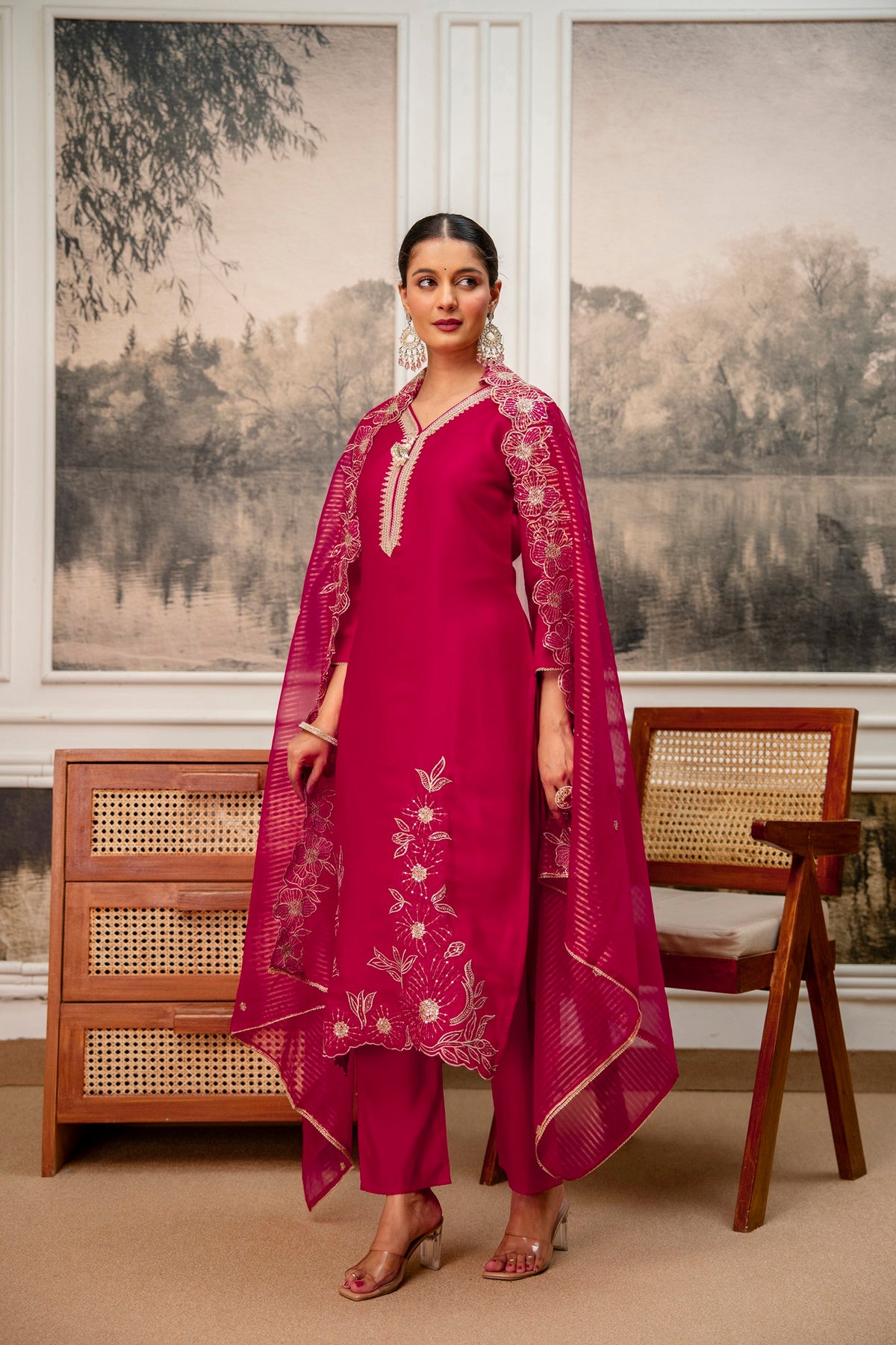 Rani Premium Tissue Simmar Kurta Pant Set