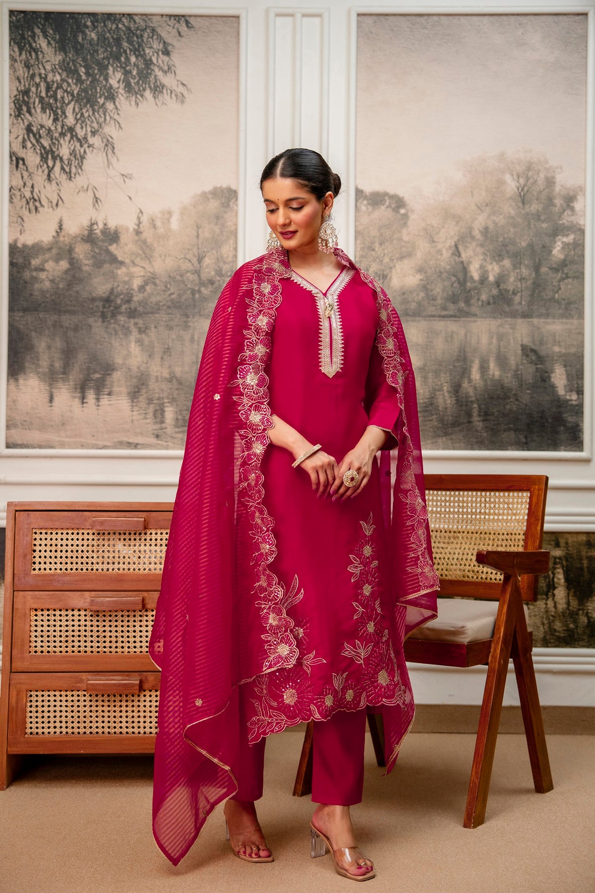 Rani Premium Tissue Simmar Kurta Pant Set