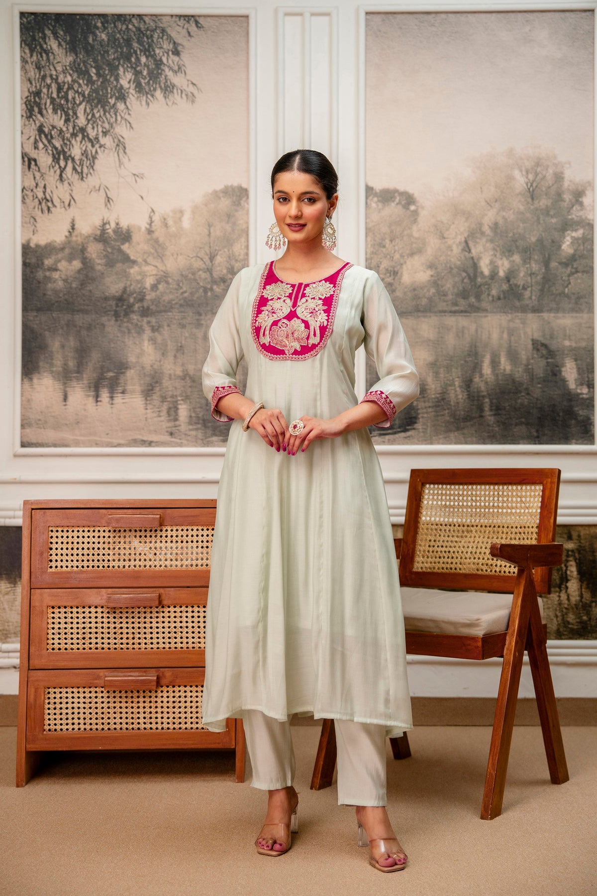 Soft Mint Premium Mul Chanderi Kurta Pant Set