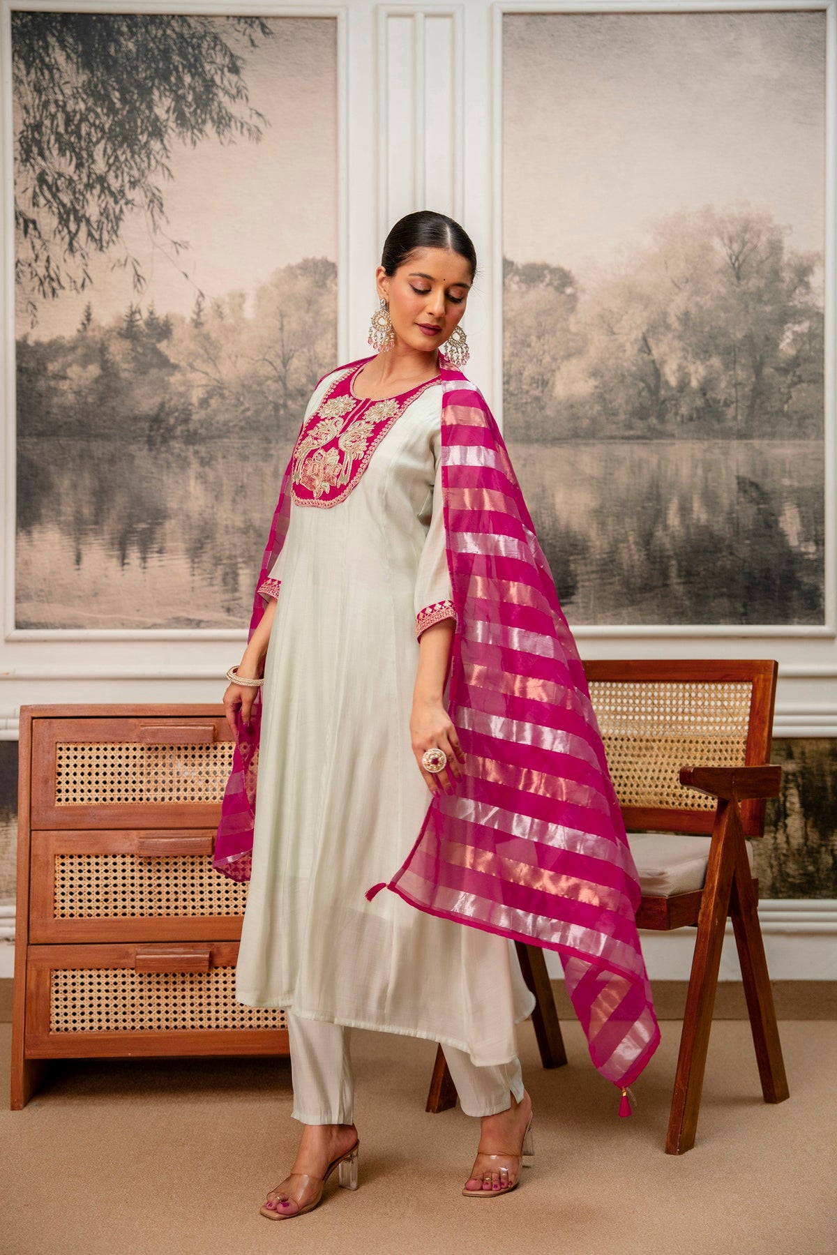 Soft Mint Premium Mul Chanderi Kurta Pant Set