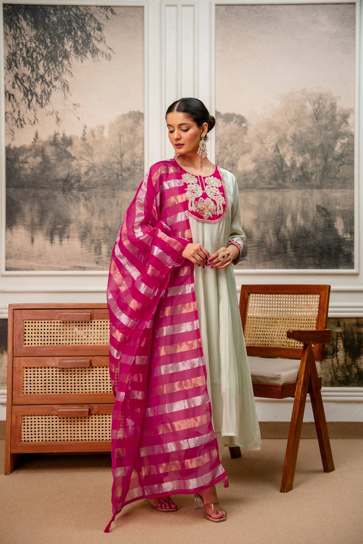 Soft Mint Premium Mul Chanderi Kurta Pant Set