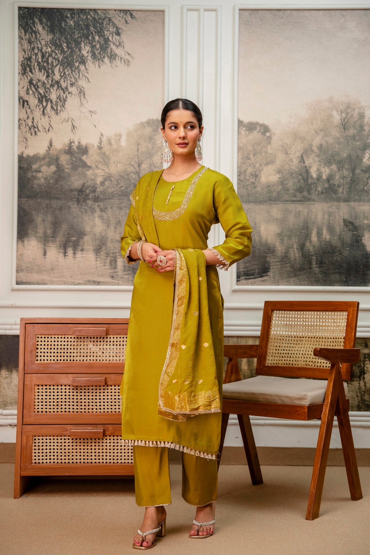 Goldenrod Premium Tissue Simar Kurta Pant Set