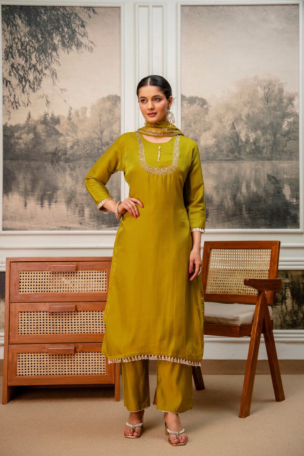 Goldenrod Premium Tissue Simar Kurta Pant Set