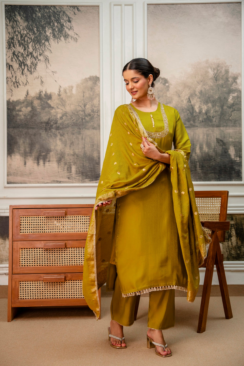 Goldenrod Premium Tissue Simar Kurta Pant Set