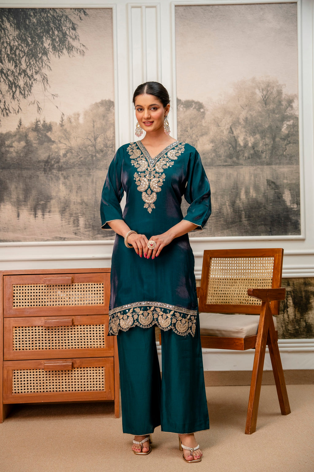 Dark Rama Green Tissue Simar Kurta Pant Set