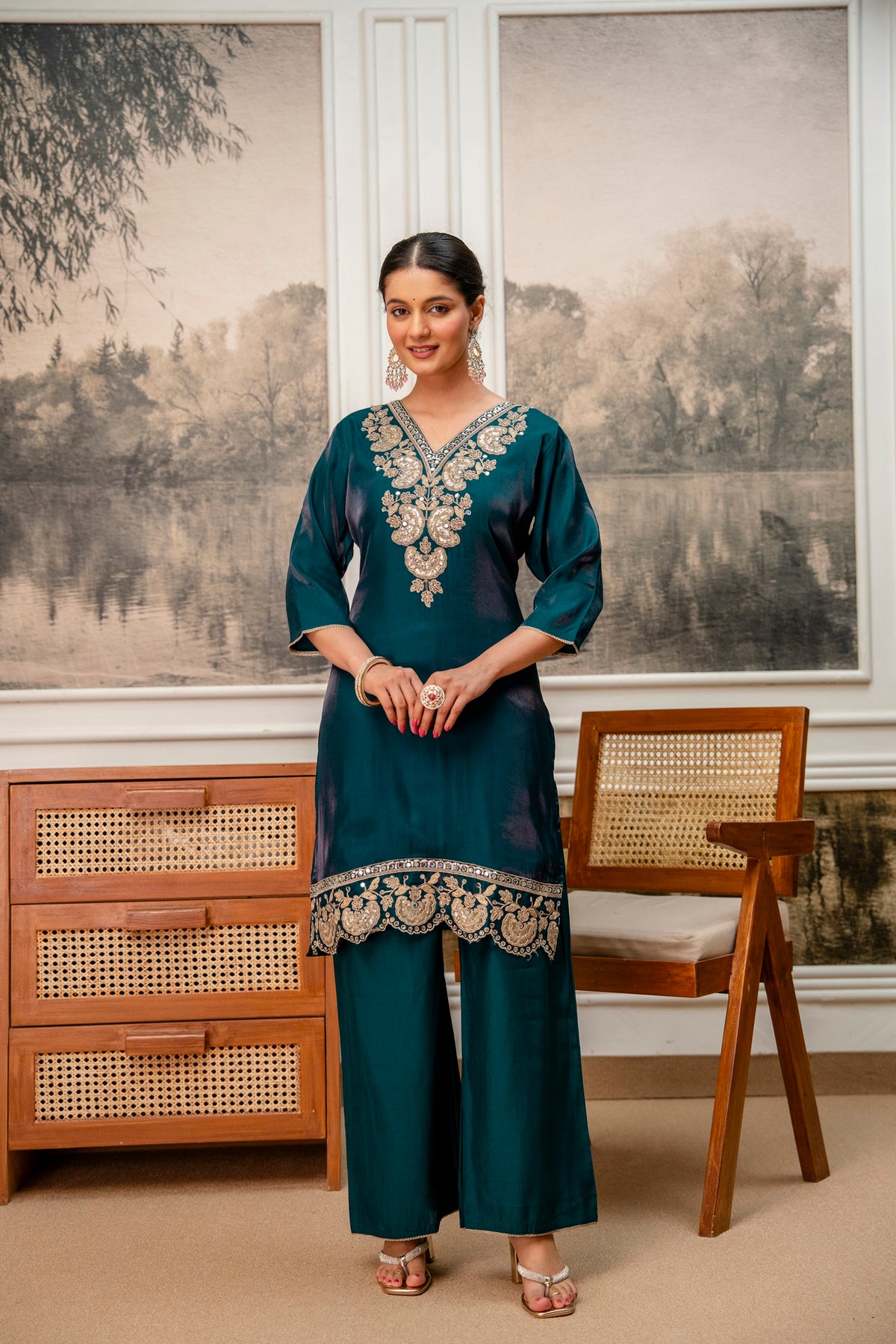Dark Rama Green Tissue Simar Kurta Pant Set