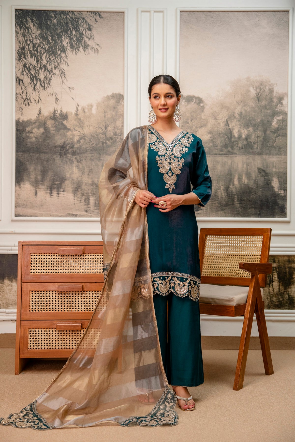 Dark Rama Green Tissue Simar Kurta Pant Set