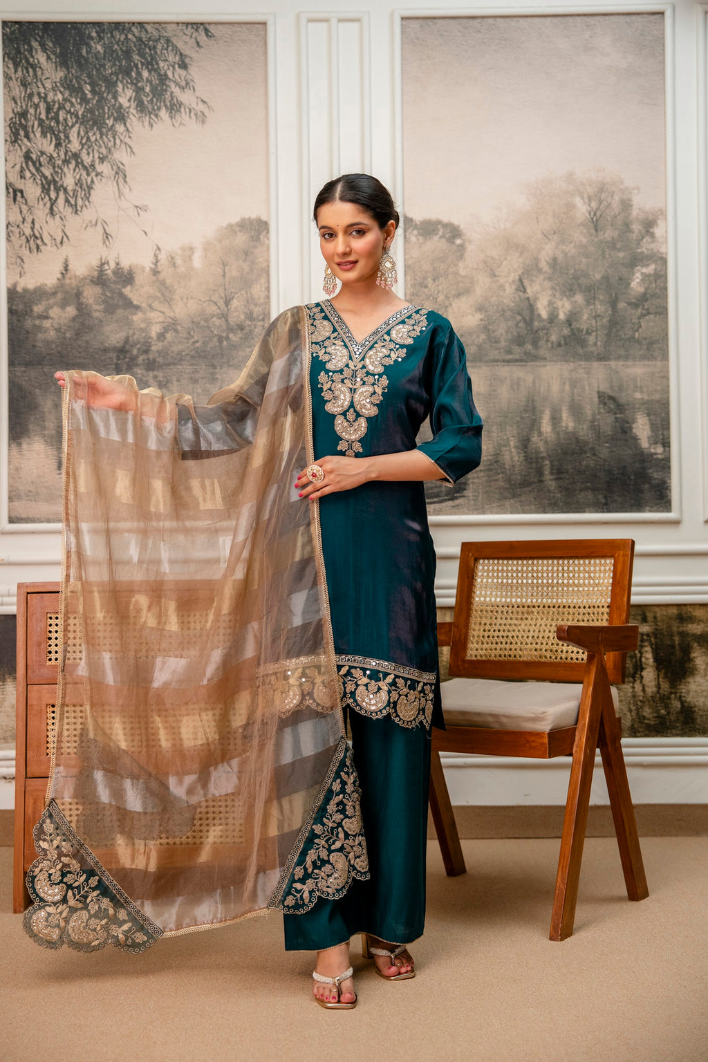 Dark Rama Green Tissue Simar Kurta Pant Set