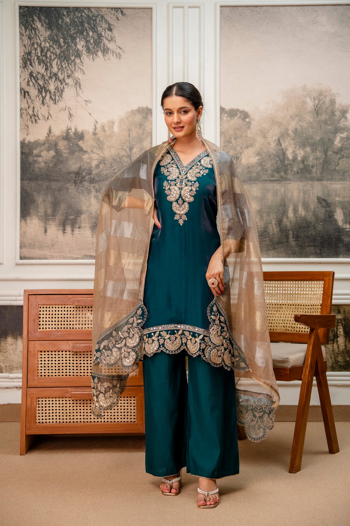 Dark Rama Green Tissue Simar Kurta Pant Set