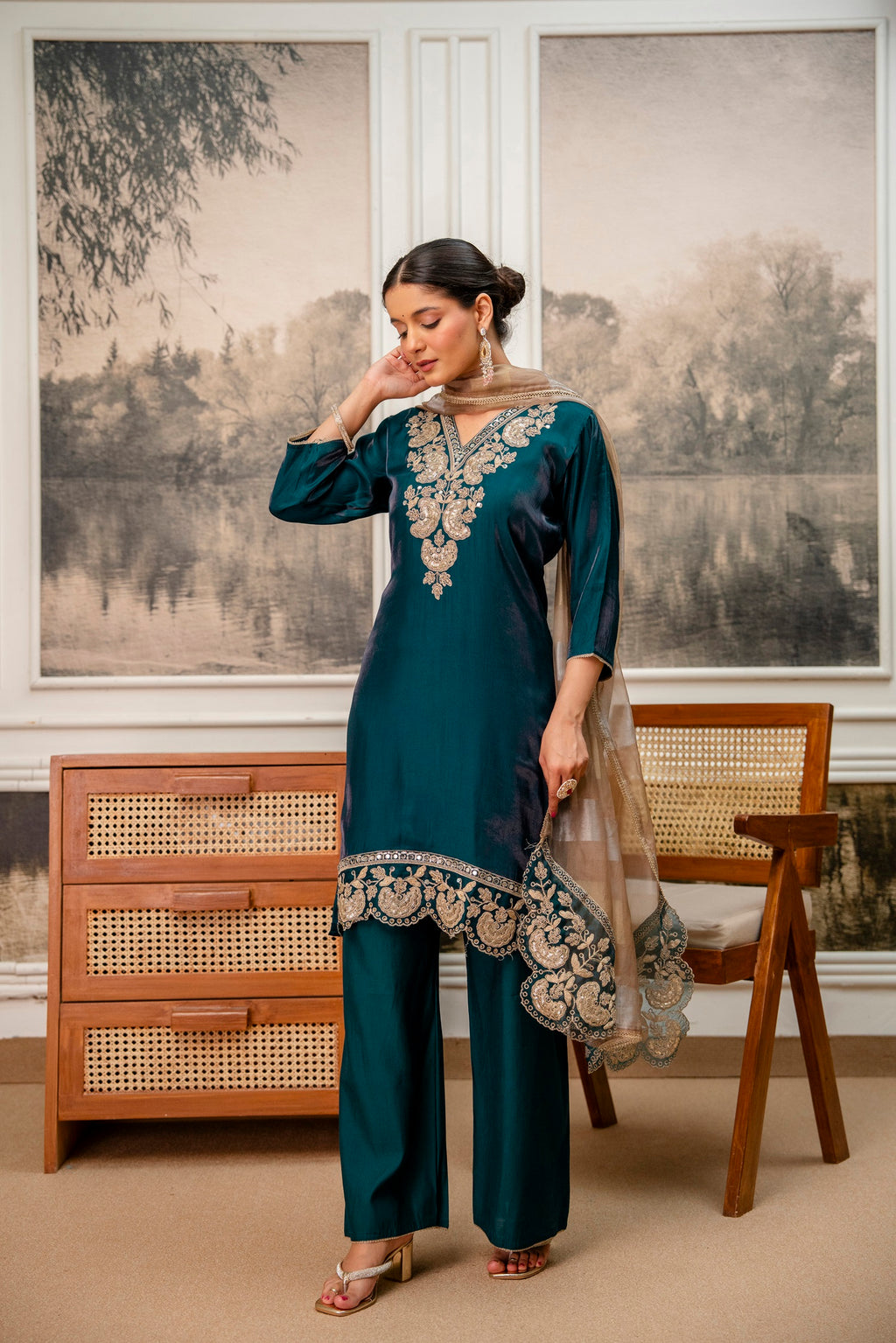 Dark Rama Green Tissue Simar Kurta Pant Set
