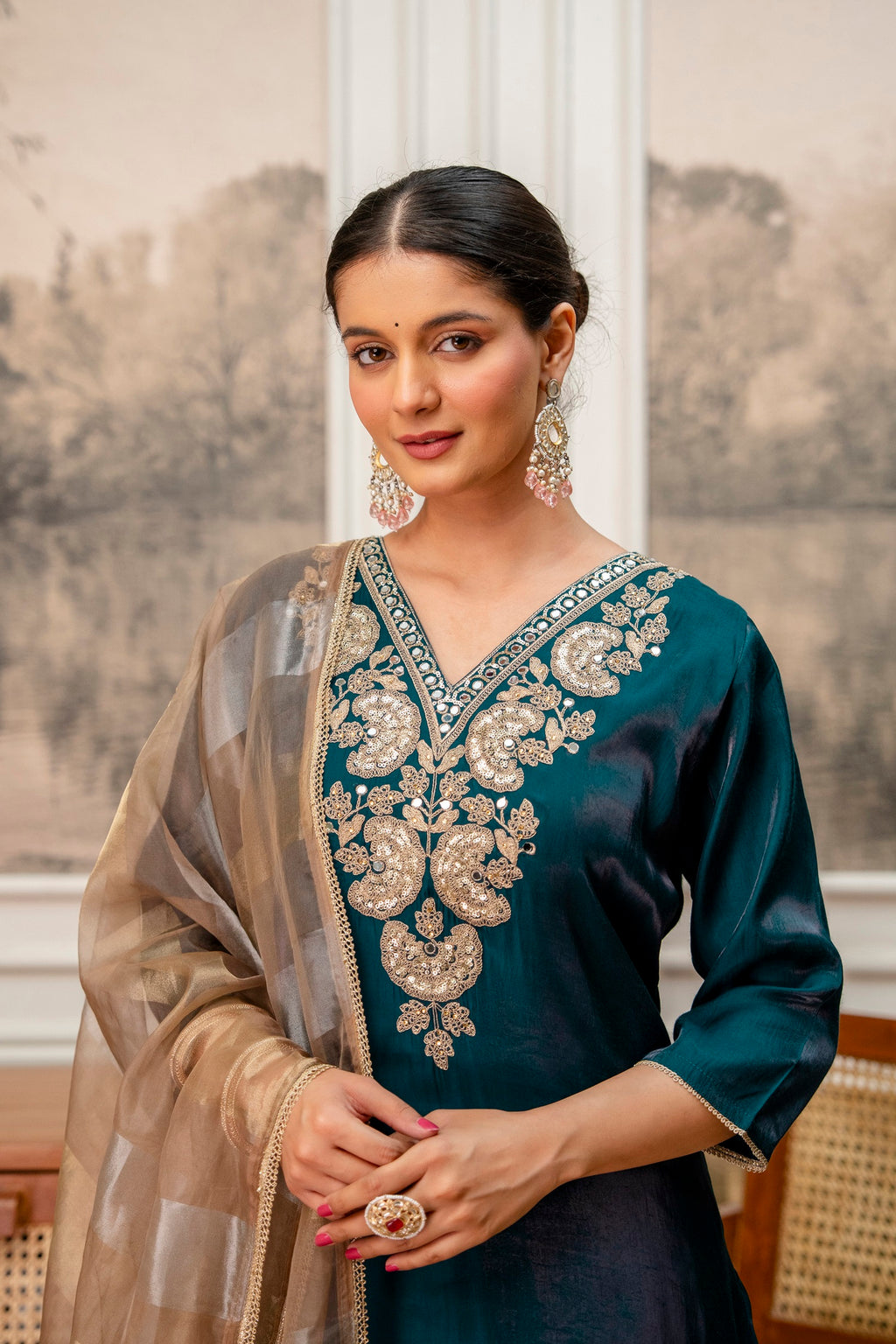 Dark Rama Green Tissue Simar Kurta Pant Set