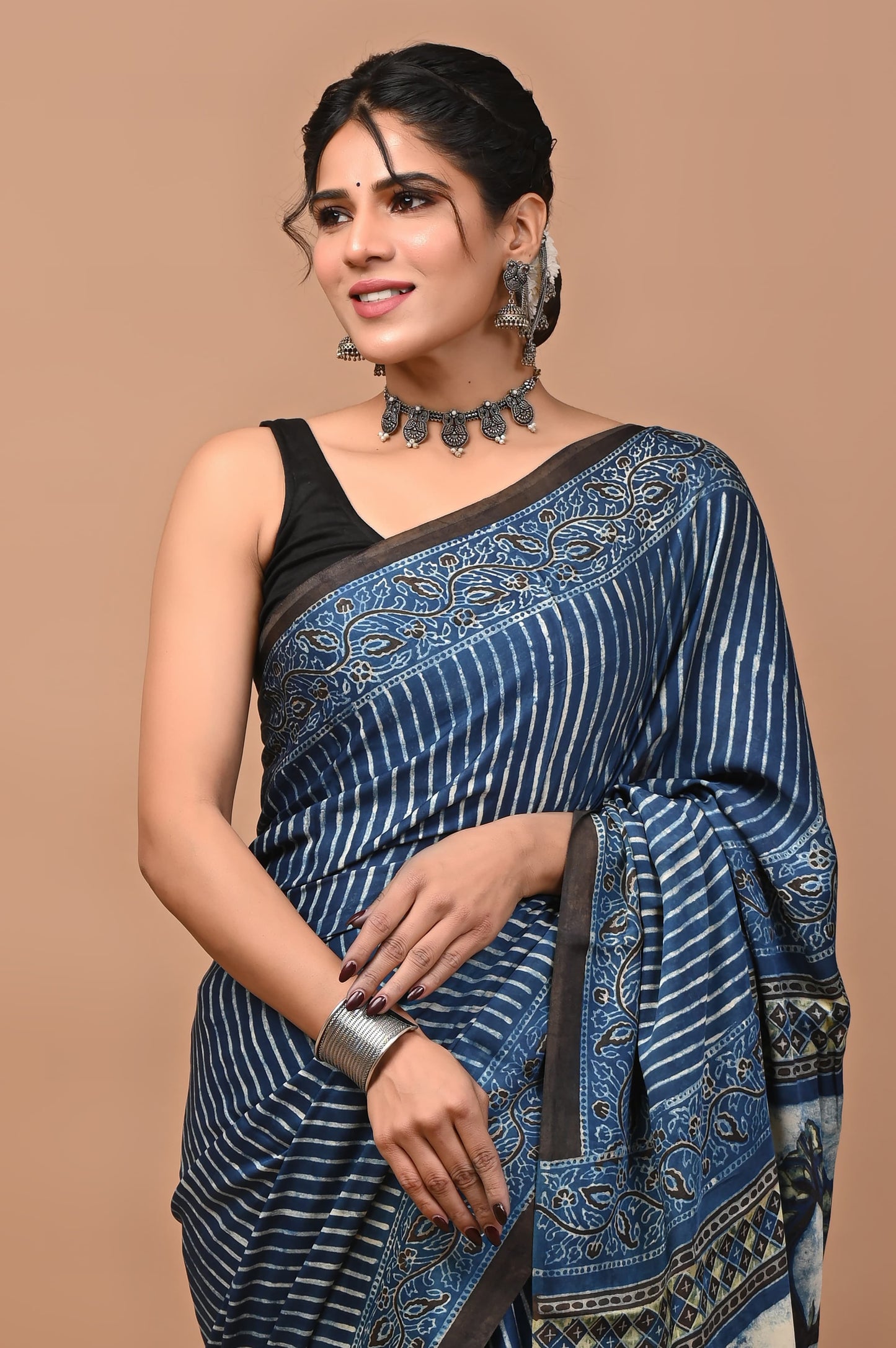 VINTAGE BLUE STRIP PRINT SAREE
