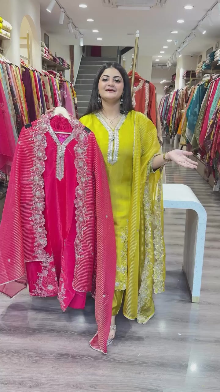 Rani Premium Tissue Simmar Kurta Pant Set